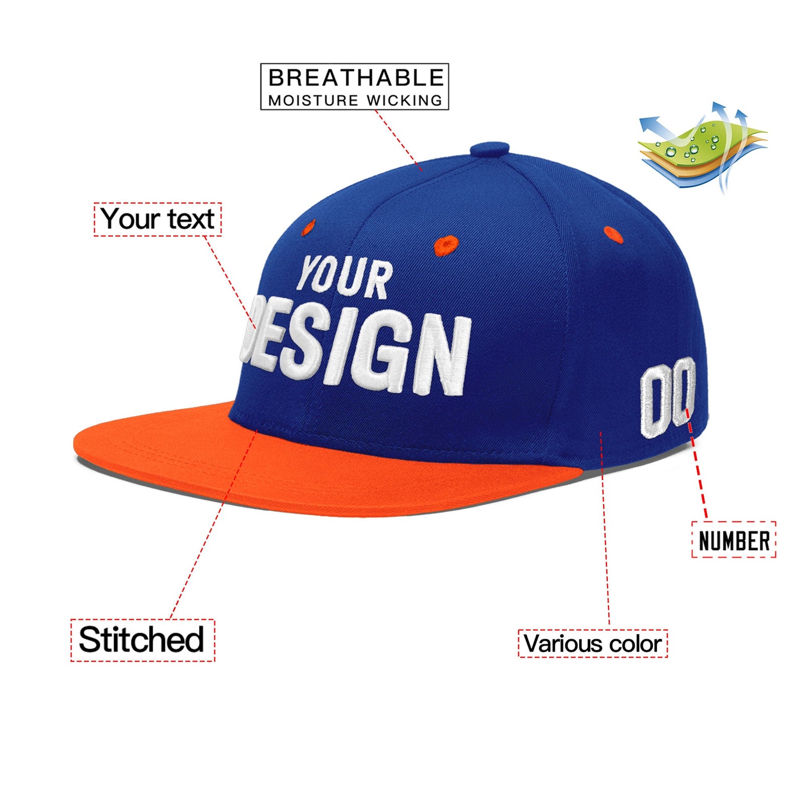 Custom Royal Blue Orange 3D Puff Embroidery Flat Embroidery Casual Sport Baseball Cap