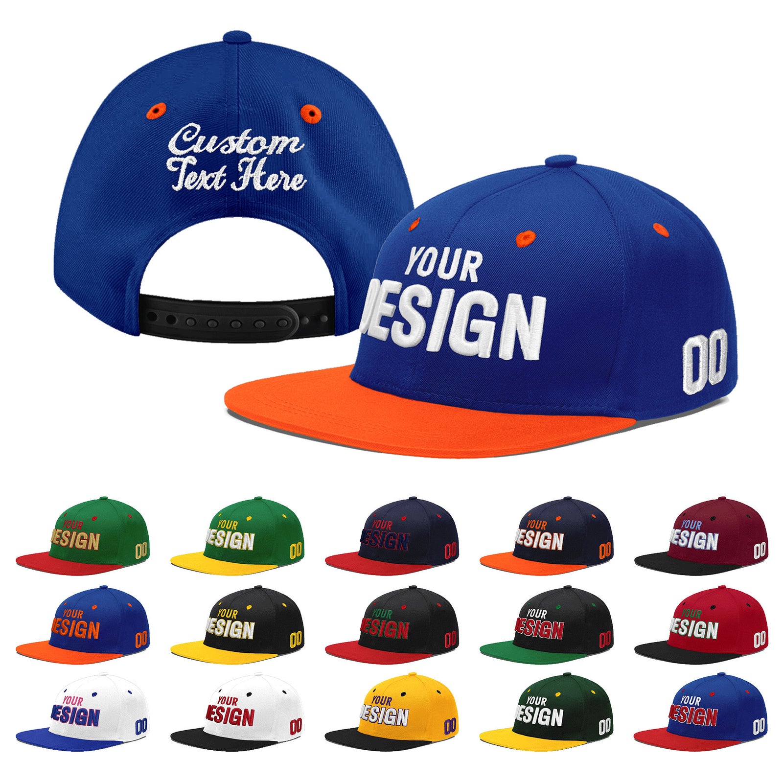 Custom Royal Blue Orange 3D Puff Embroidery Flat Embroidery Casual Sport Baseball Cap