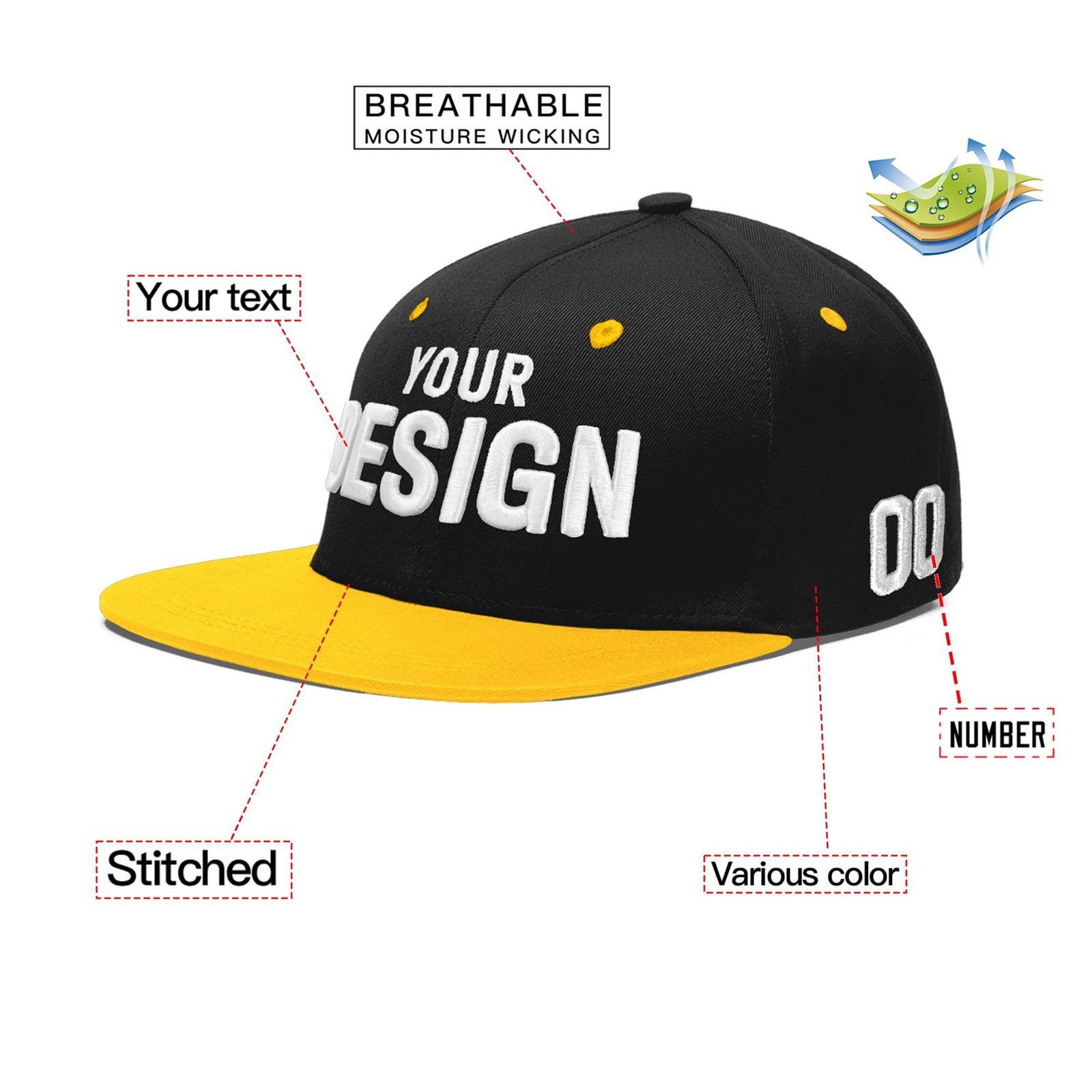 Custom Black Gold 3D Puff Embroidery Flat Embroidery Casual Sport Baseball Cap