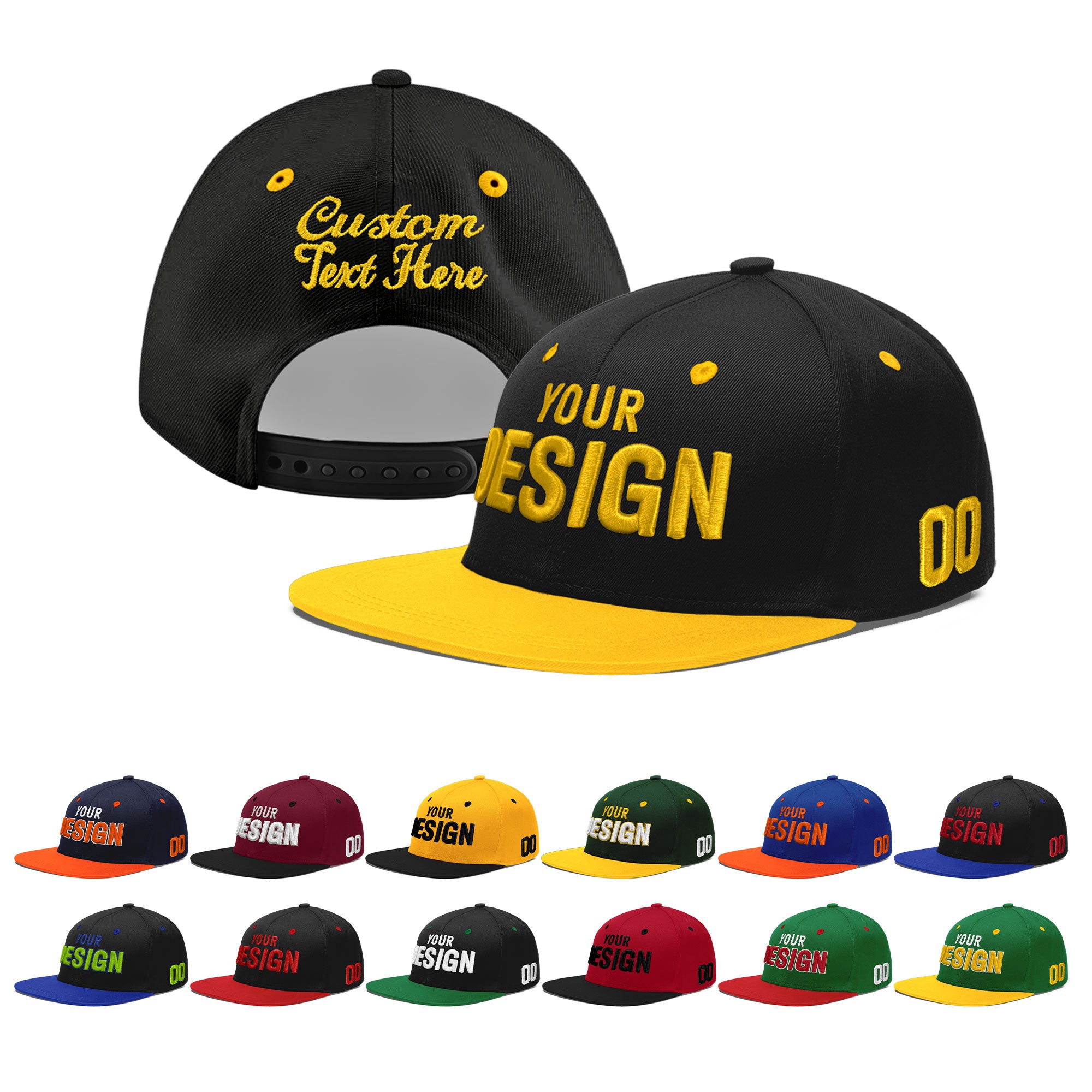 Custom Black Gold 3D Puff Embroidery Flat Embroidery Casual Sport Baseball Cap