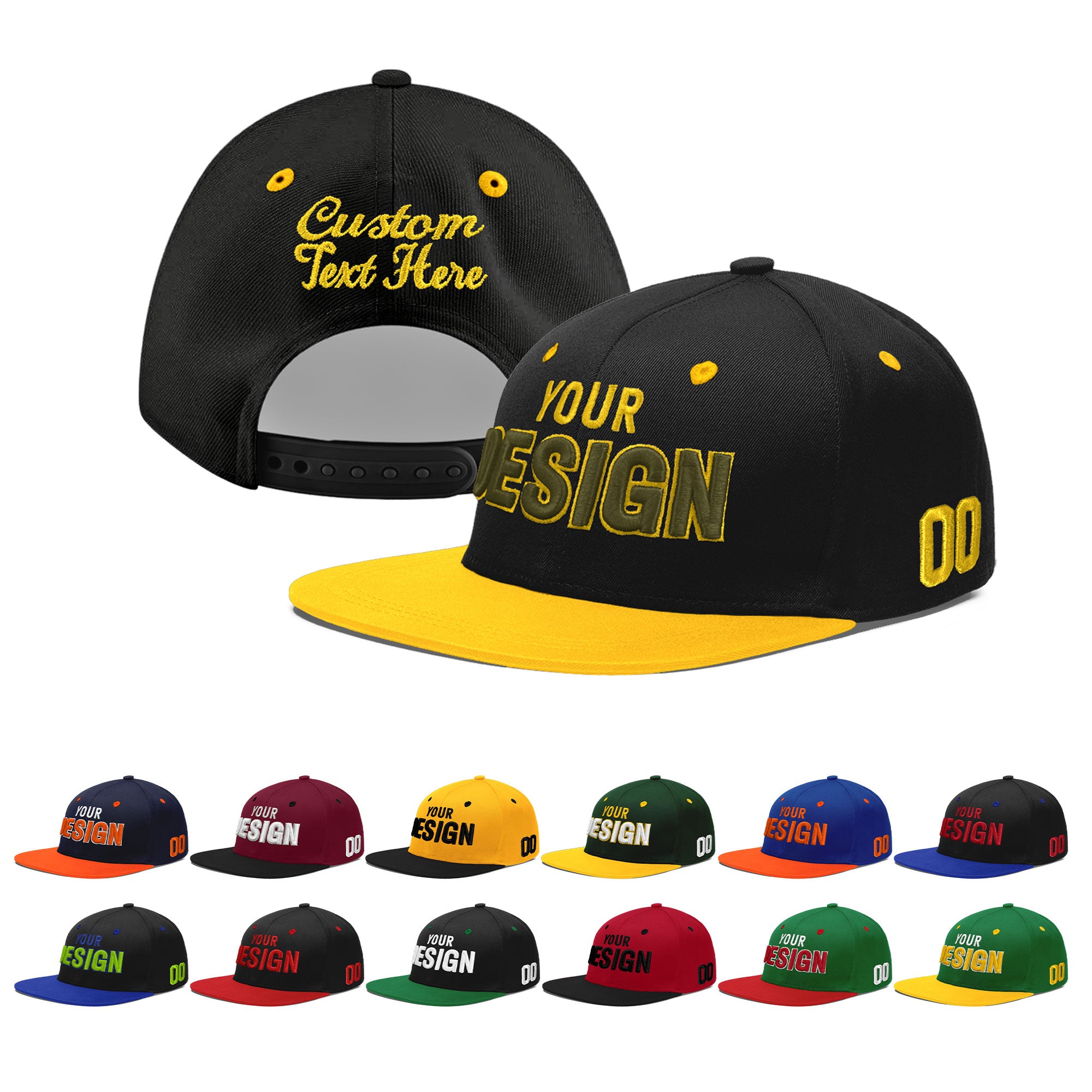 Custom Black Gold 3D Puff Embroidery Flat Embroidery Casual Sport Baseball Cap