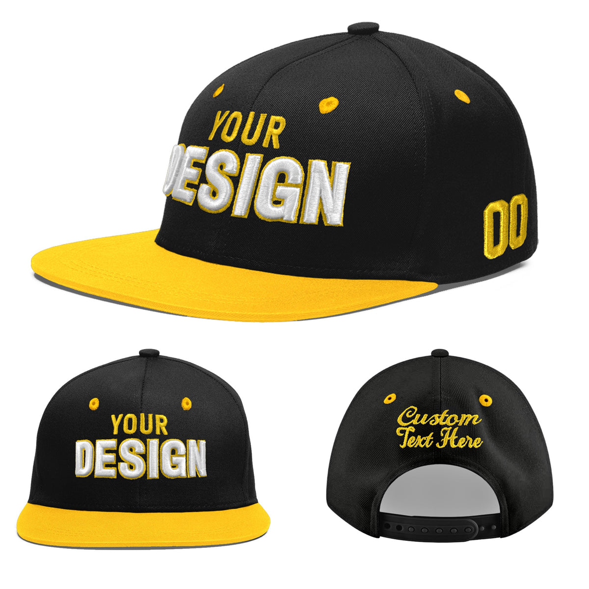 Custom Black Gold 3D Puff Embroidery Flat Embroidery Casual Sport Baseball Cap