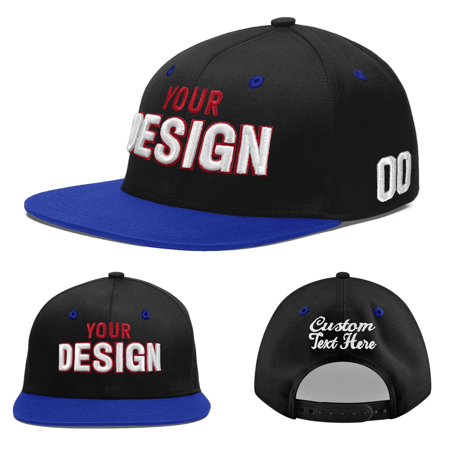 Custom Black Royal Blue 3D Puff Embroidery Flat Embroidery Casual Sport Baseball Cap