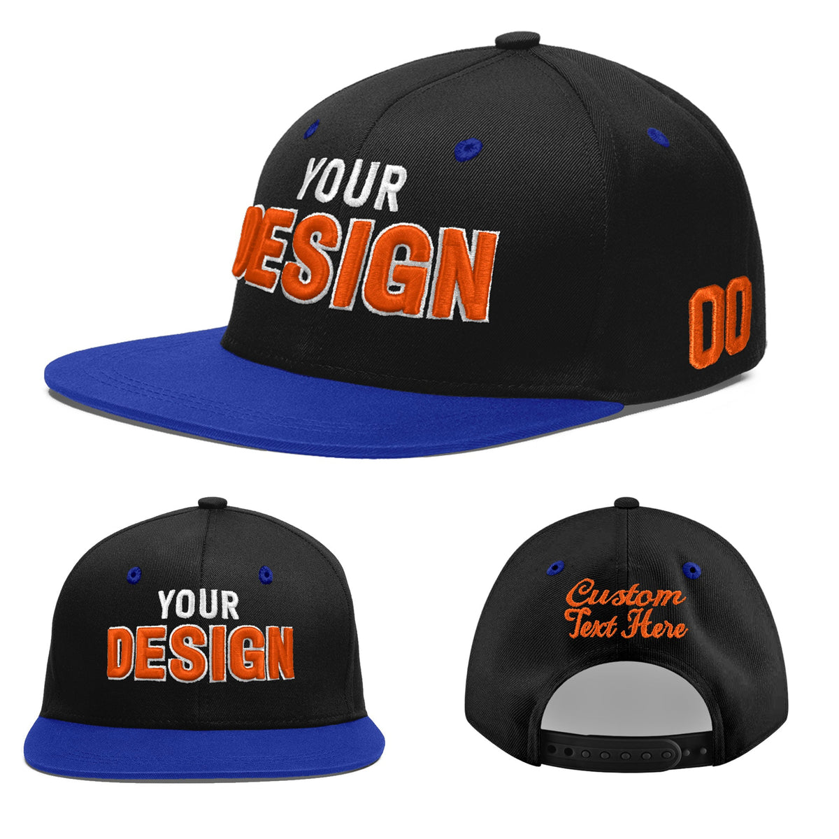 Custom Black Royal Blue 3D Puff Embroidery Flat Embroidery Casual Sport Baseball Cap