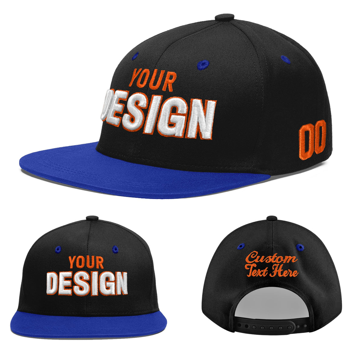Custom Black Royal Blue 3D Puff Embroidery Flat Embroidery Casual Sport Baseball Cap