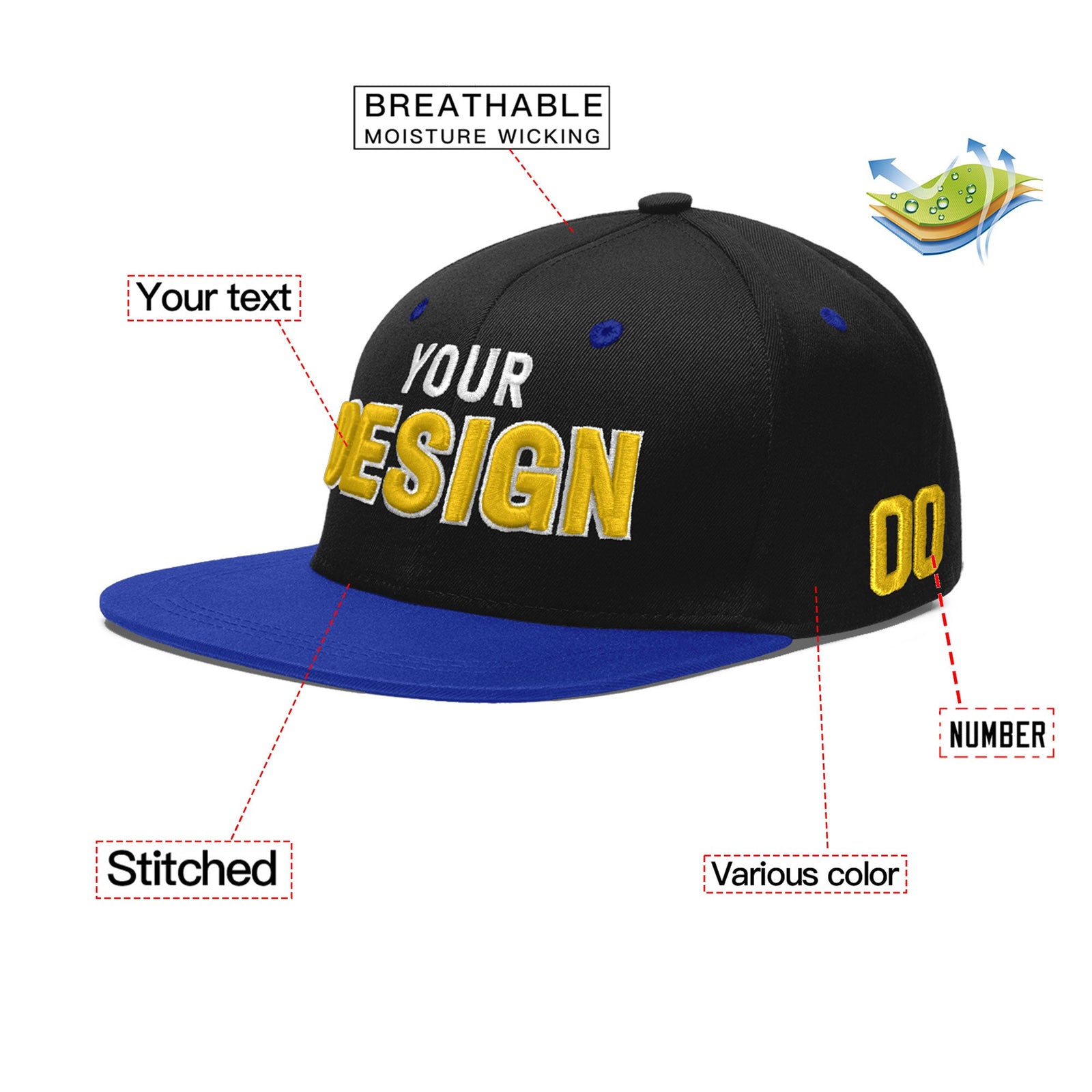 Custom Black Royal Blue 3D Puff Embroidery Flat Embroidery Casual Sport Baseball Cap