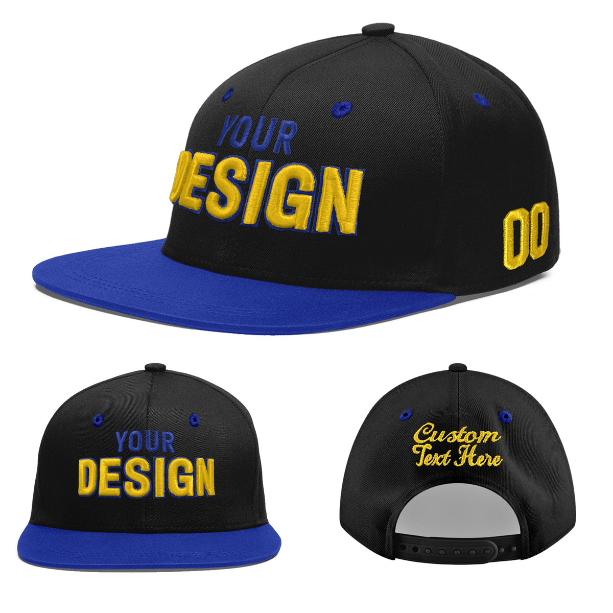 Custom Black Royal Blue 3D Puff Embroidery Flat Embroidery Casual Sport Baseball Cap