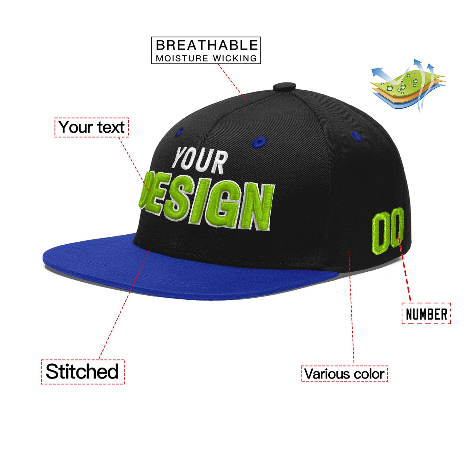 Custom Black Royal Blue 3D Puff Embroidery Flat Embroidery Casual Sport Baseball Cap