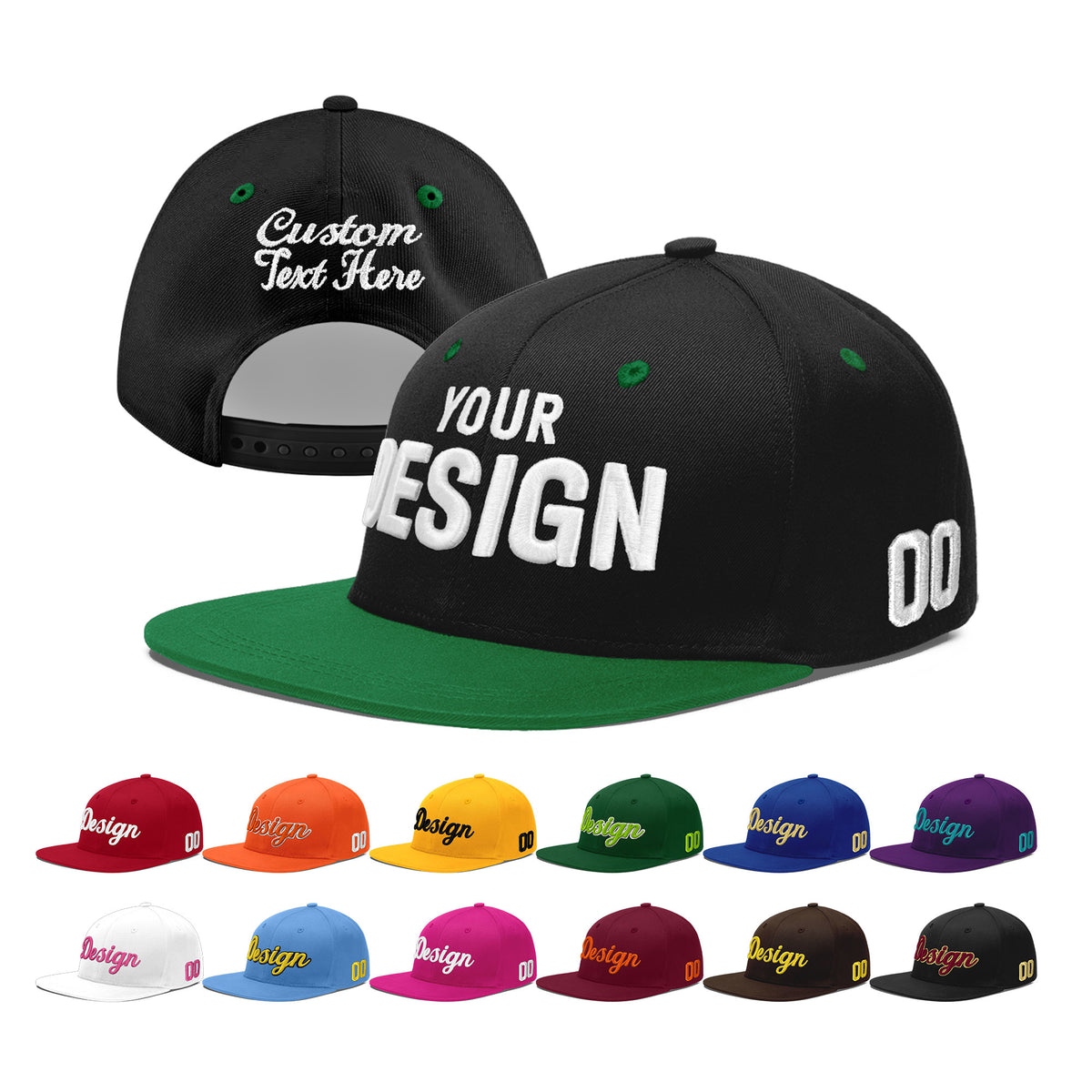 Custom Black Kelly Green 3D Puff Embroidery Flat Embroidery Casual Sport Baseball Cap