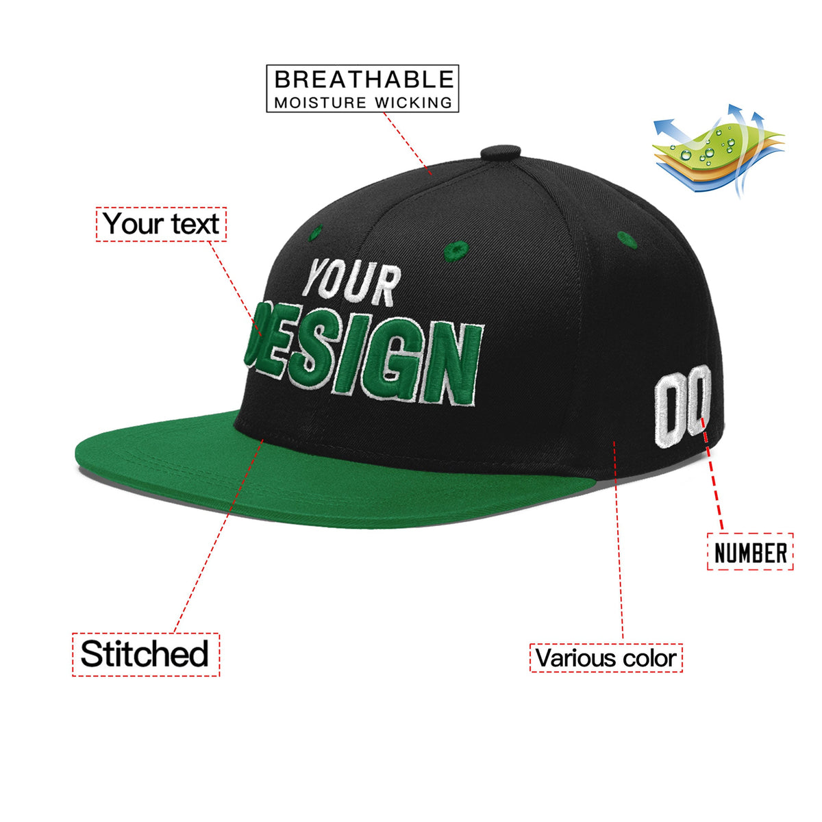 Custom Black Kelly Green 3D Puff Embroidery Flat Embroidery Casual Sport Baseball Cap