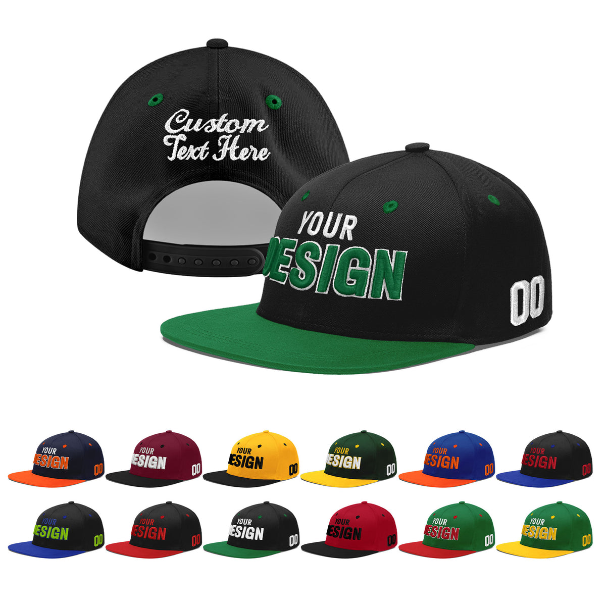 Custom Black Kelly Green 3D Puff Embroidery Flat Embroidery Casual Sport Baseball Cap