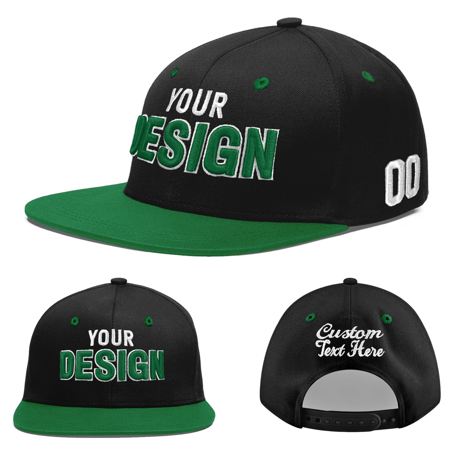 Custom Black Kelly Green 3D Puff Embroidery Flat Embroidery Casual Sport Baseball Cap