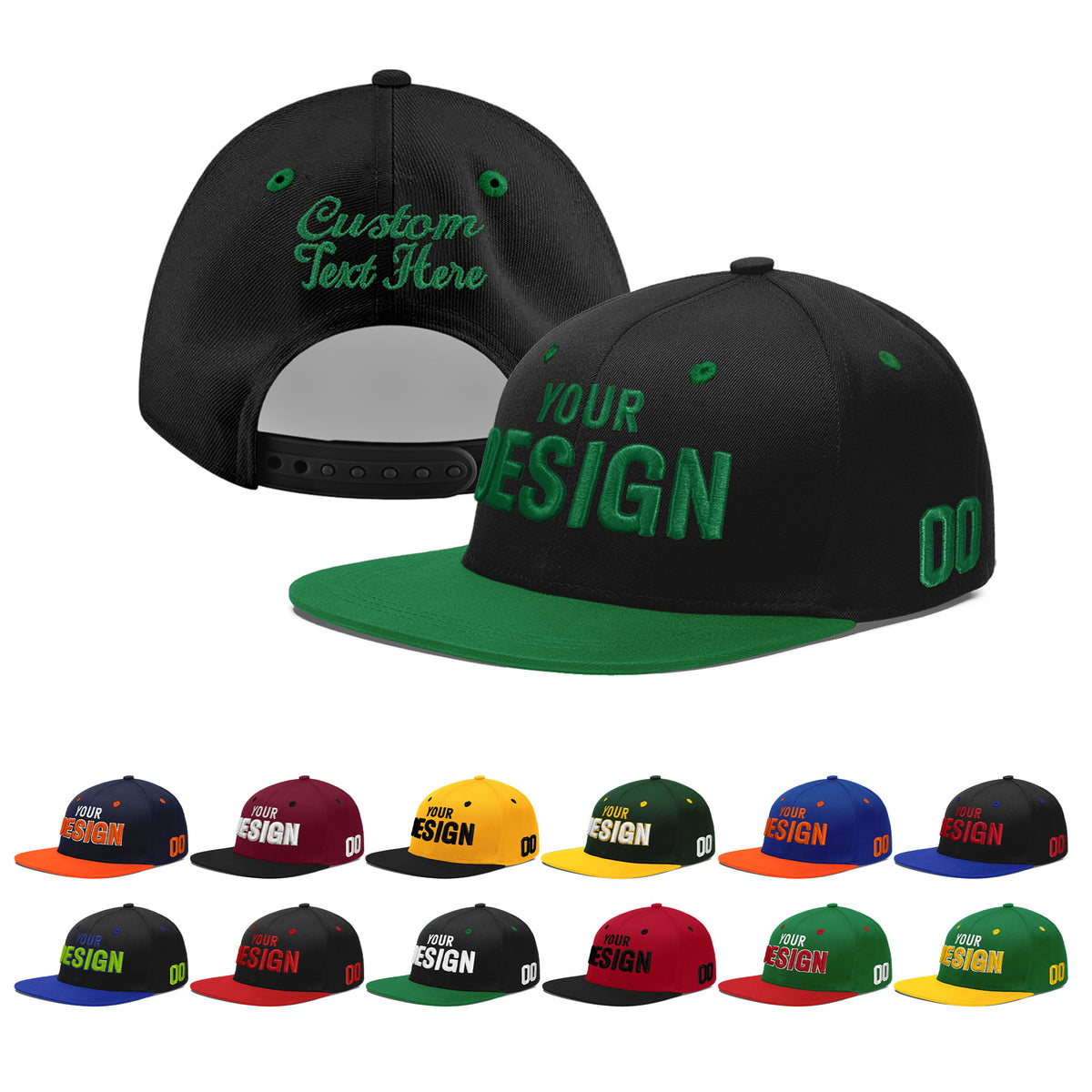 Custom Black Kelly Green 3D Puff Embroidery Flat Embroidery Casual Sport Baseball Cap