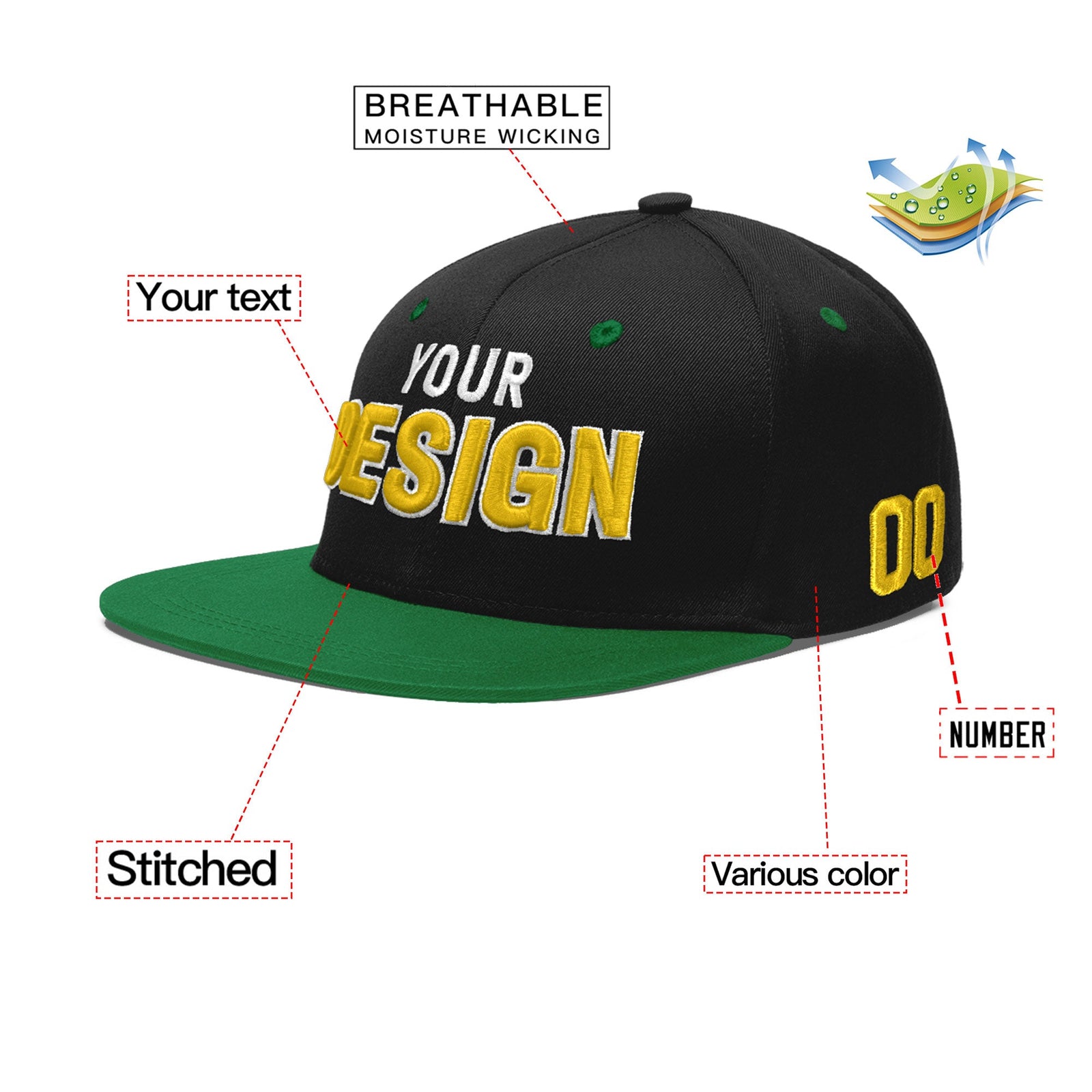 Custom Black Kelly Green 3D Puff Embroidery Flat Embroidery Casual Sport Baseball Cap