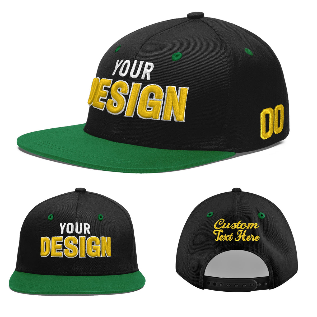 Custom Black Kelly Green 3D Puff Embroidery Flat Embroidery Casual Sport Baseball Cap