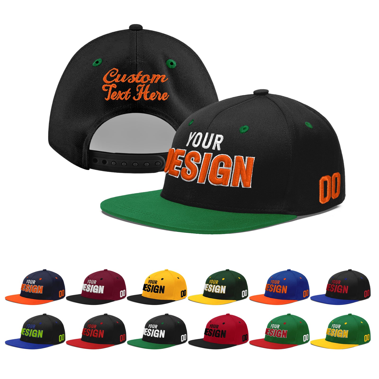 Custom Black Kelly Green 3D Puff Embroidery Flat Embroidery Casual Sport Baseball Cap