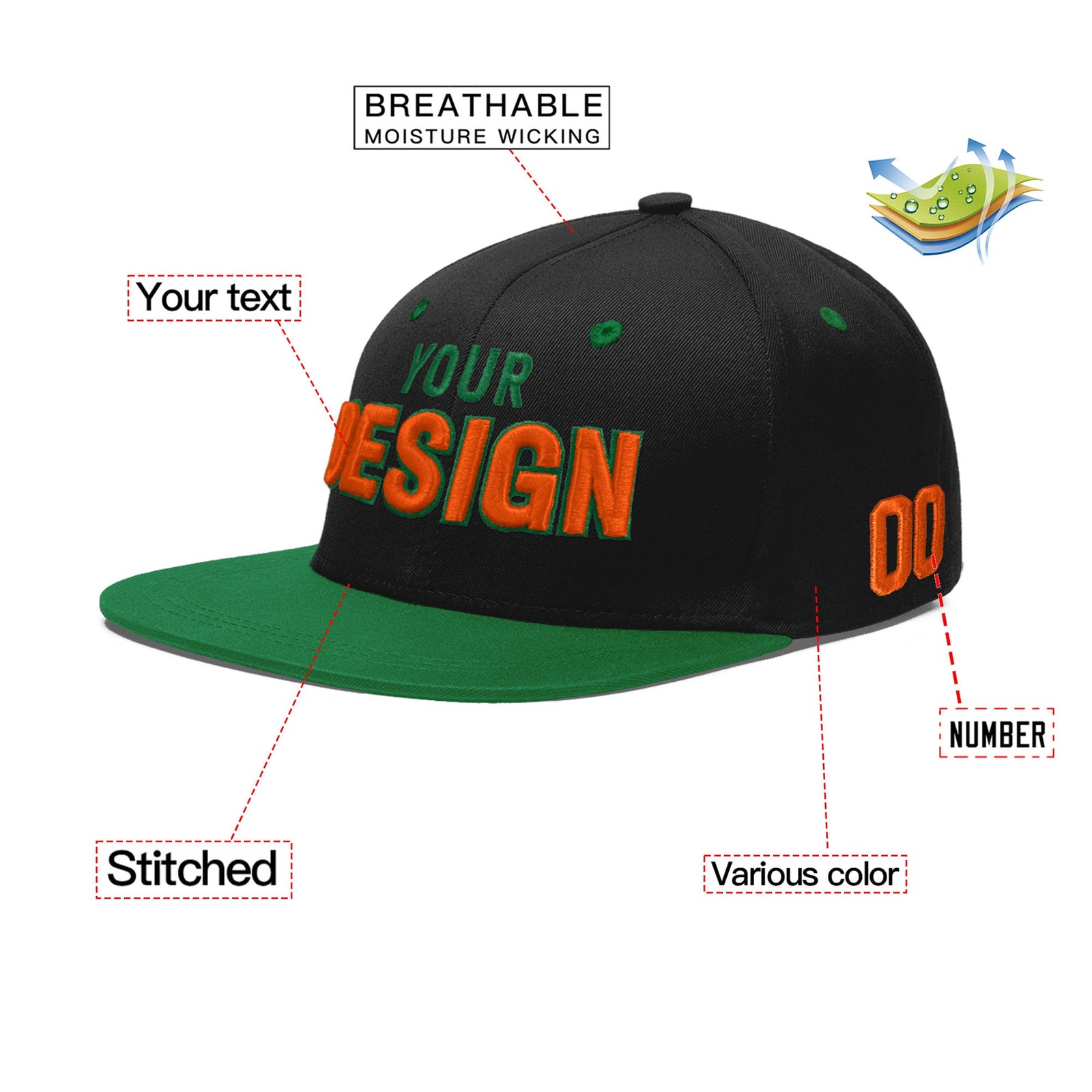 Custom Black Kelly Green 3D Puff Embroidery Flat Embroidery Casual Sport Baseball Cap