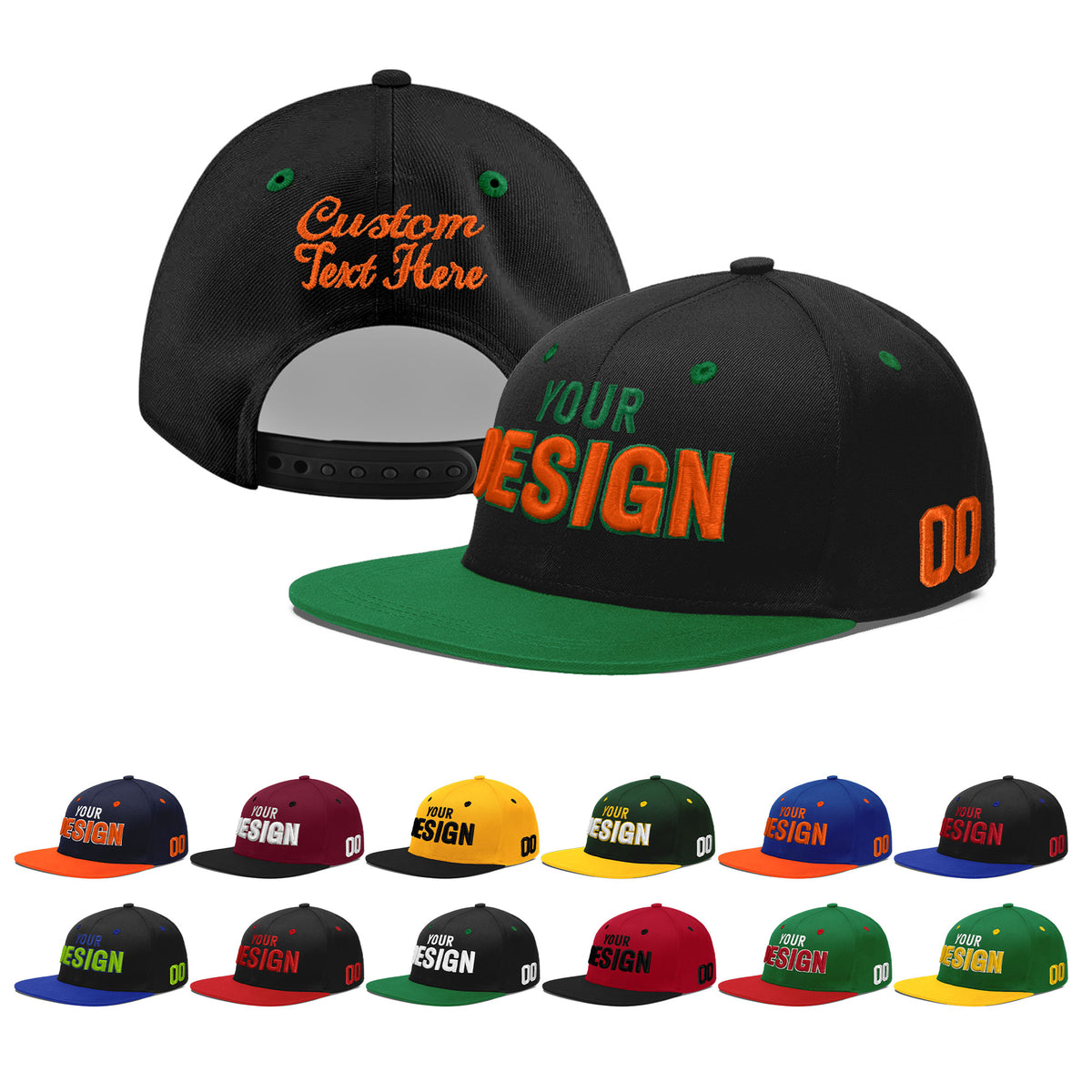Custom Black Kelly Green 3D Puff Embroidery Flat Embroidery Casual Sport Baseball Cap