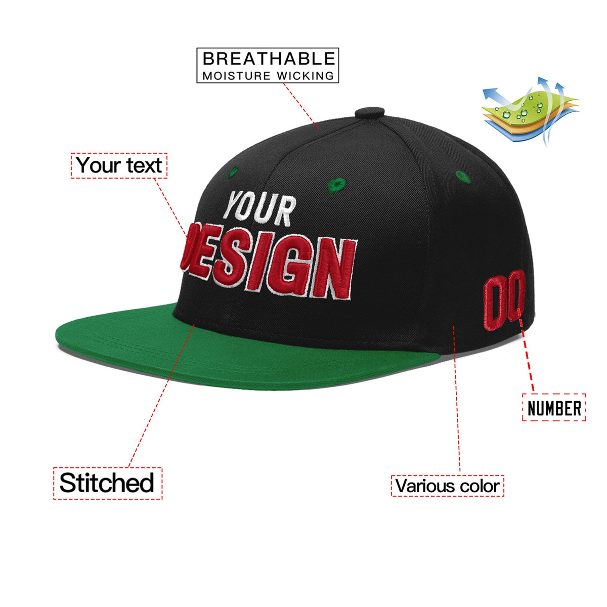 Custom Black Kelly Green 3D Puff Embroidery Flat Embroidery Casual Sport Baseball Cap