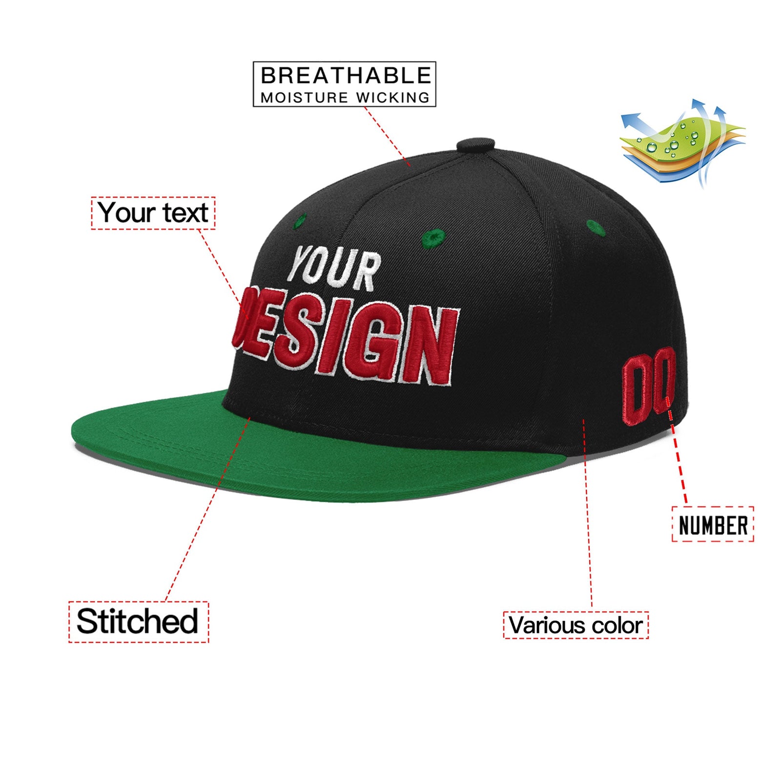 Custom Black Kelly Green 3D Puff Embroidery Flat Embroidery Casual Sport Baseball Cap