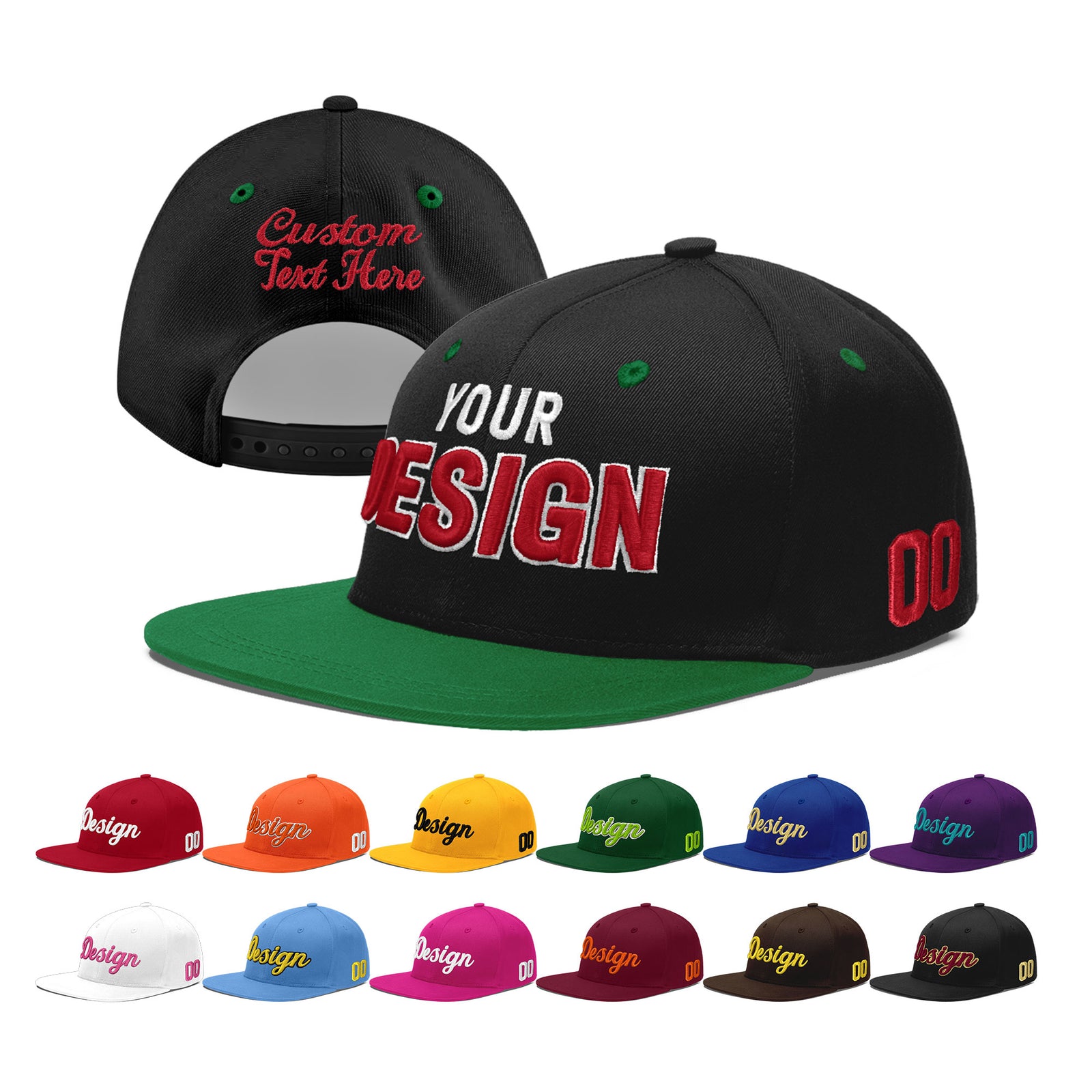 Custom Black Kelly Green 3D Puff Embroidery Flat Embroidery Casual Sport Baseball Cap