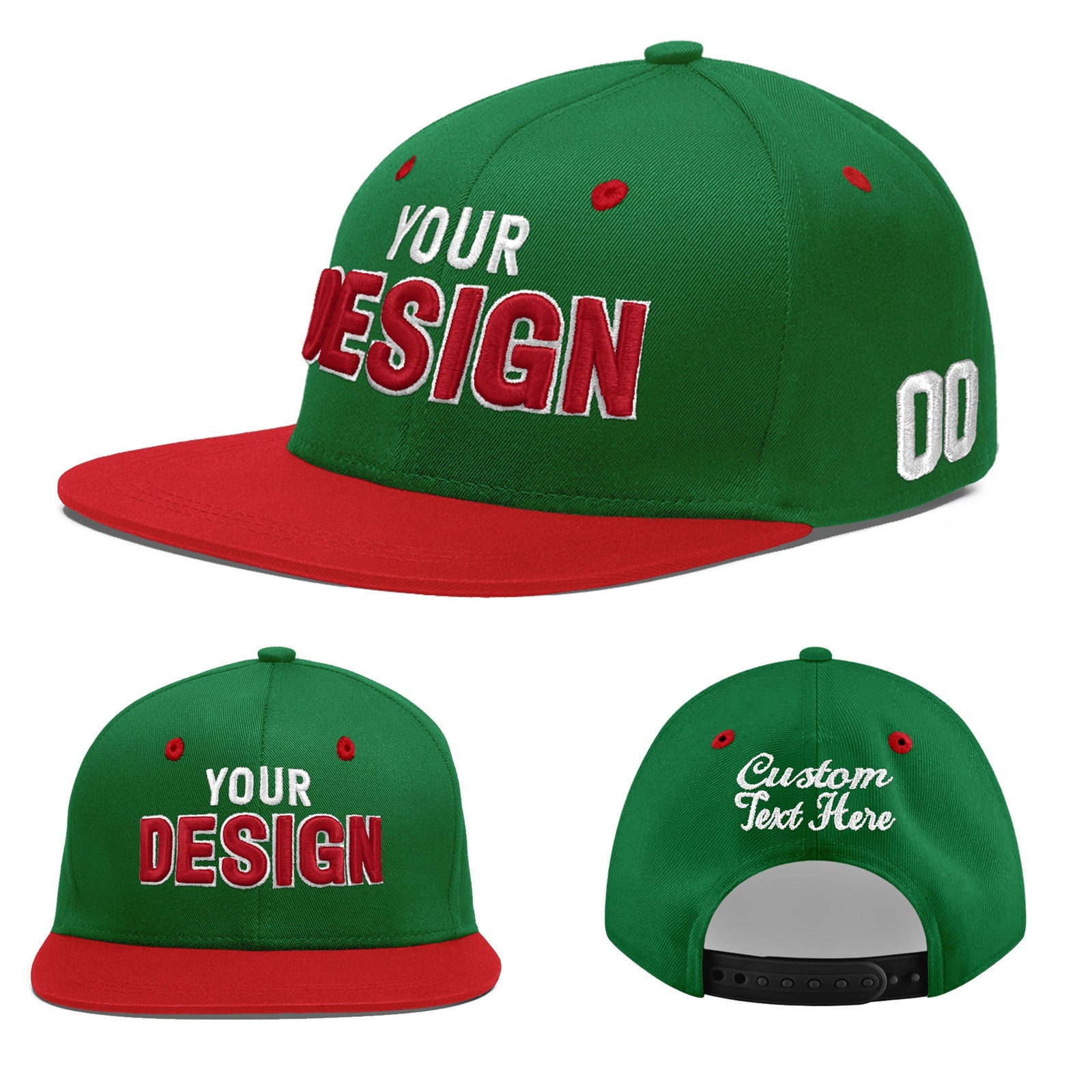 Custom Kelly Green Red 3D Puff Embroidery Flat Embroidery Casual Sport Baseball Cap