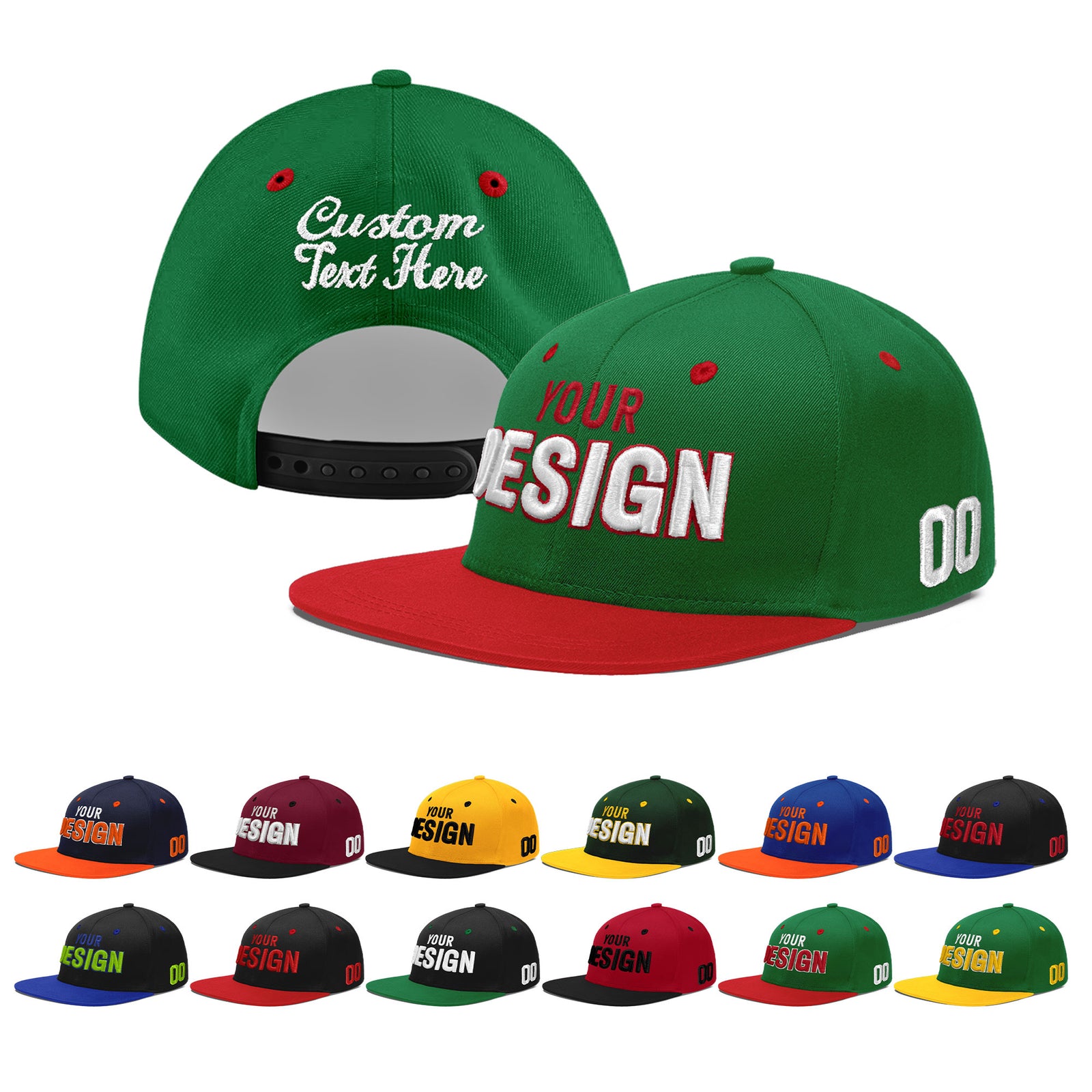 Custom Kelly Green Red 3D Puff Embroidery Flat Embroidery Casual Sport Baseball Cap