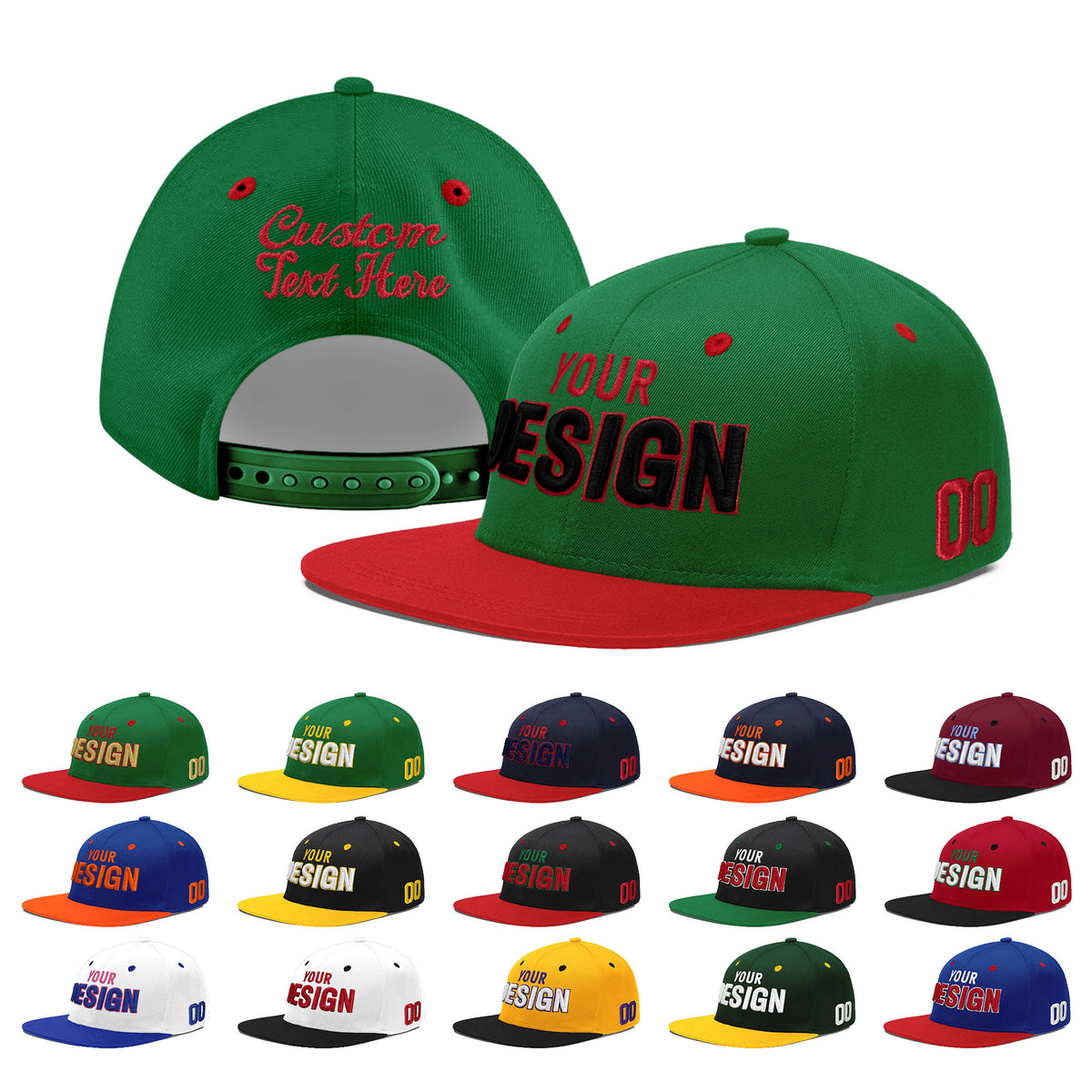 Custom Kelly Green Red 3D Puff Embroidery Flat Embroidery Casual Sport Baseball Cap