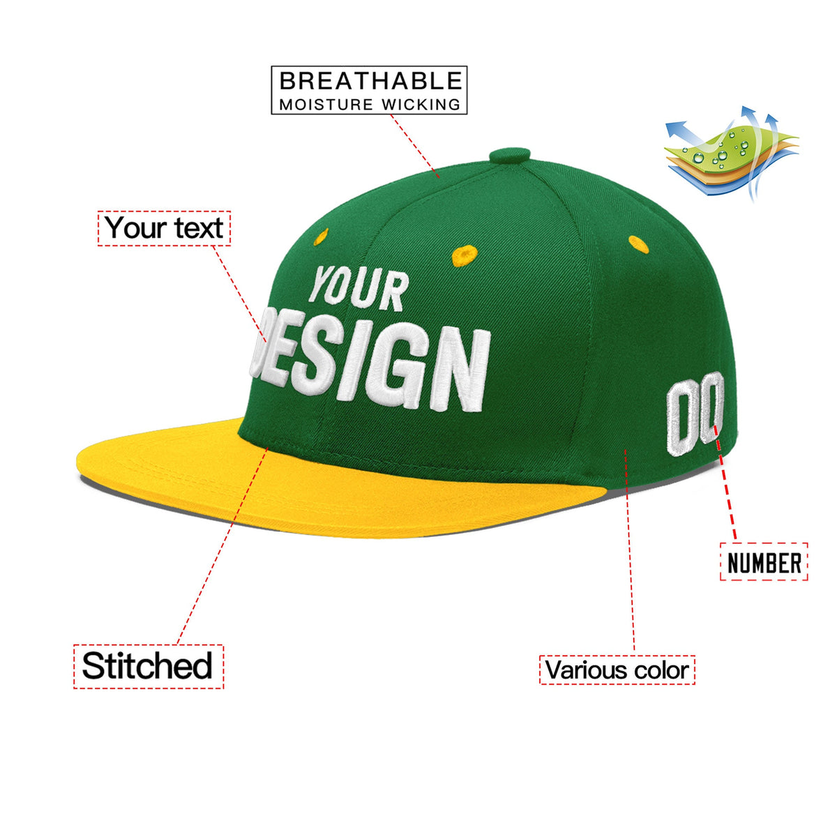 Custom Kelly Green Gold 3D Puff Embroidery Flat Embroidery Casual Sport Baseball Cap