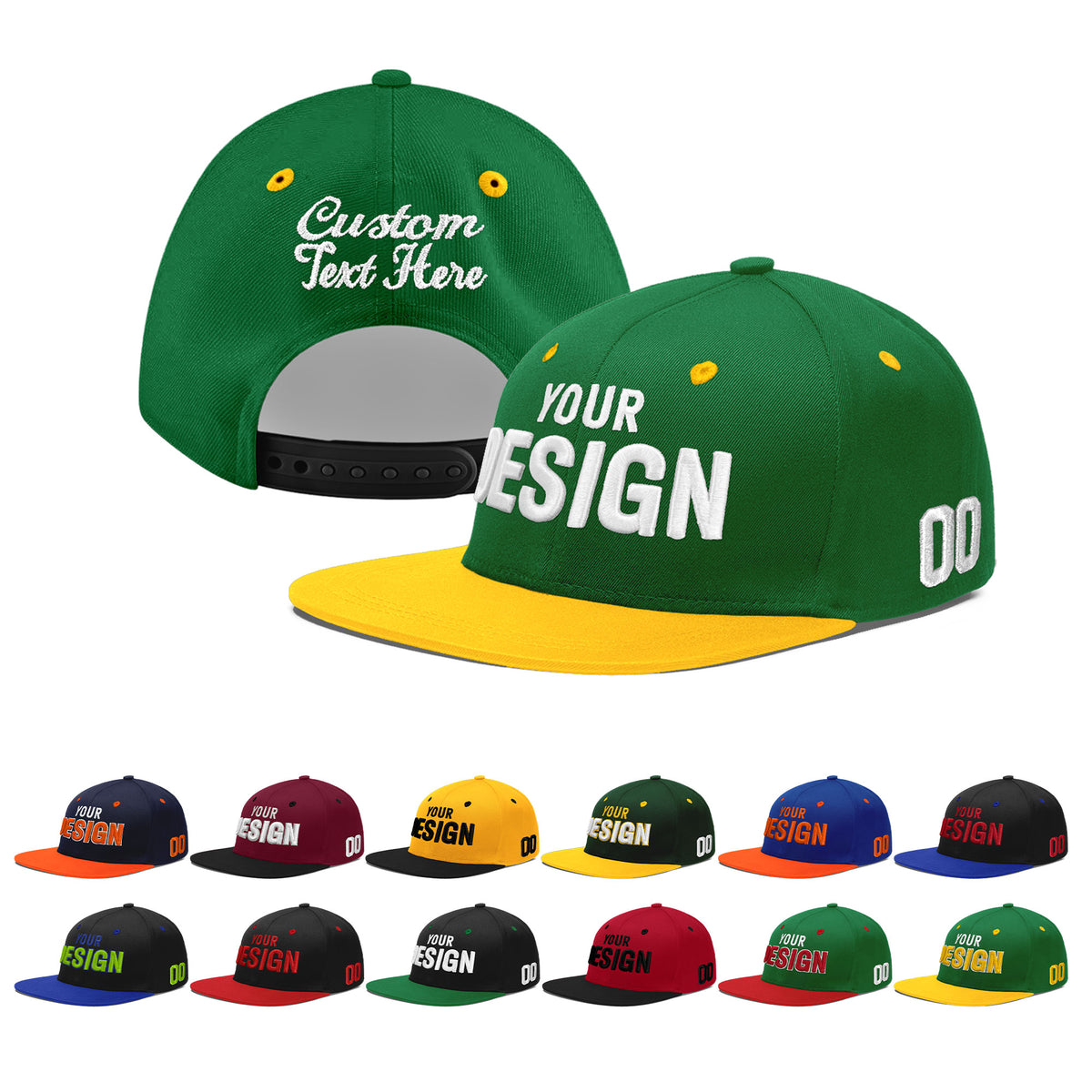 Custom Kelly Green Gold 3D Puff Embroidery Flat Embroidery Casual Sport Baseball Cap