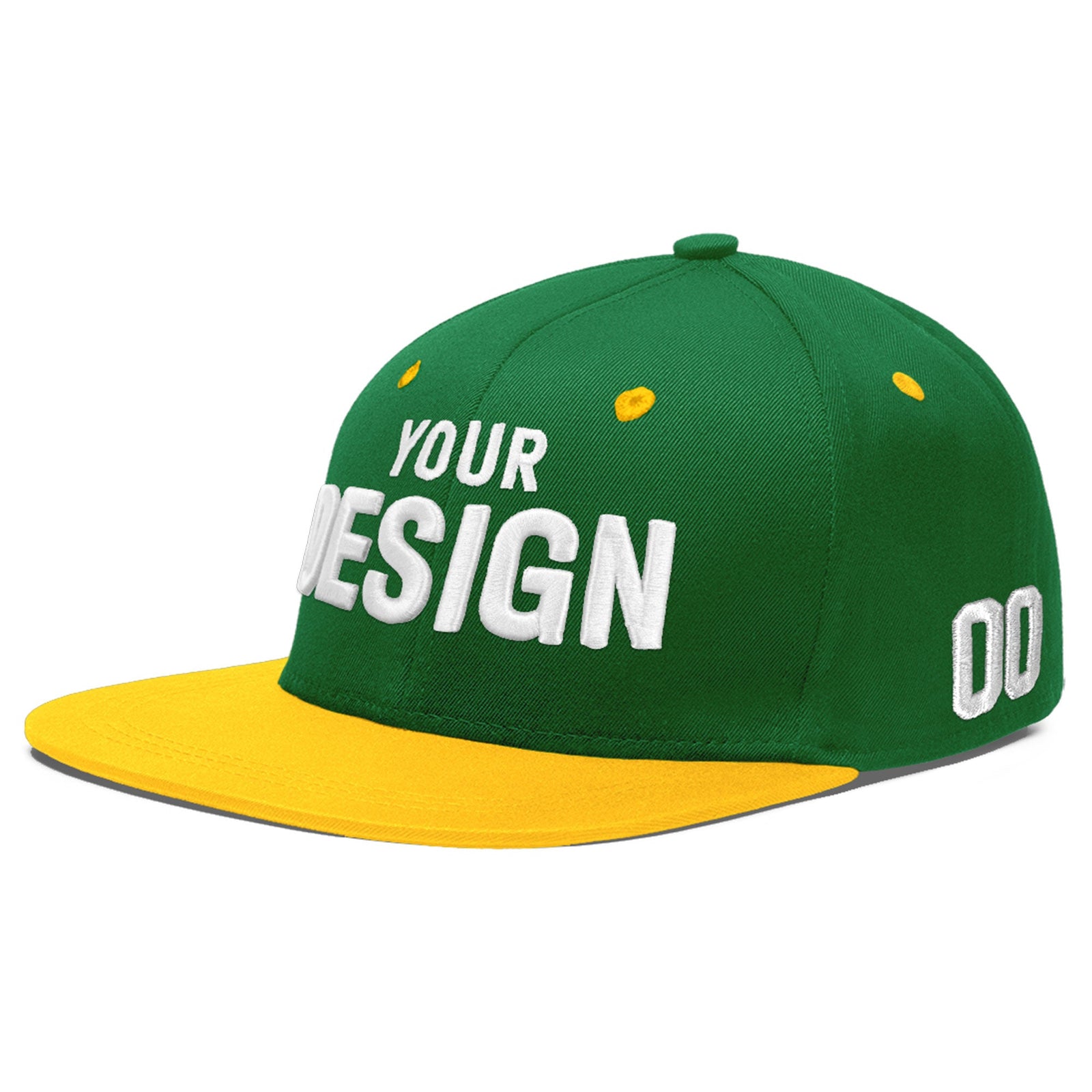 Custom Kelly Green Gold 3D Puff Embroidery Flat Embroidery Casual Sport Baseball Cap