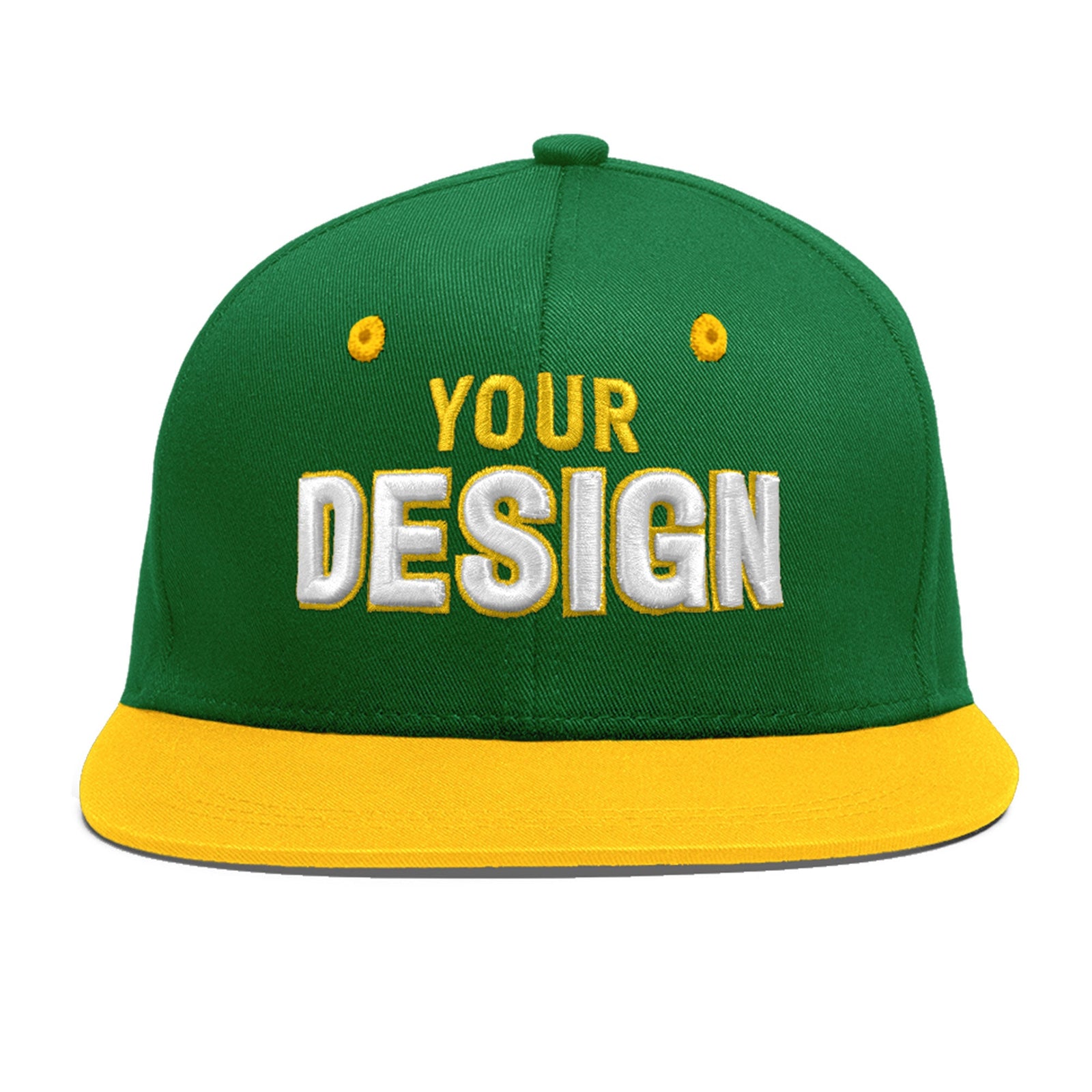 Custom Kelly Green Gold 3D Puff Embroidery Flat Embroidery Casual Sport Baseball Cap