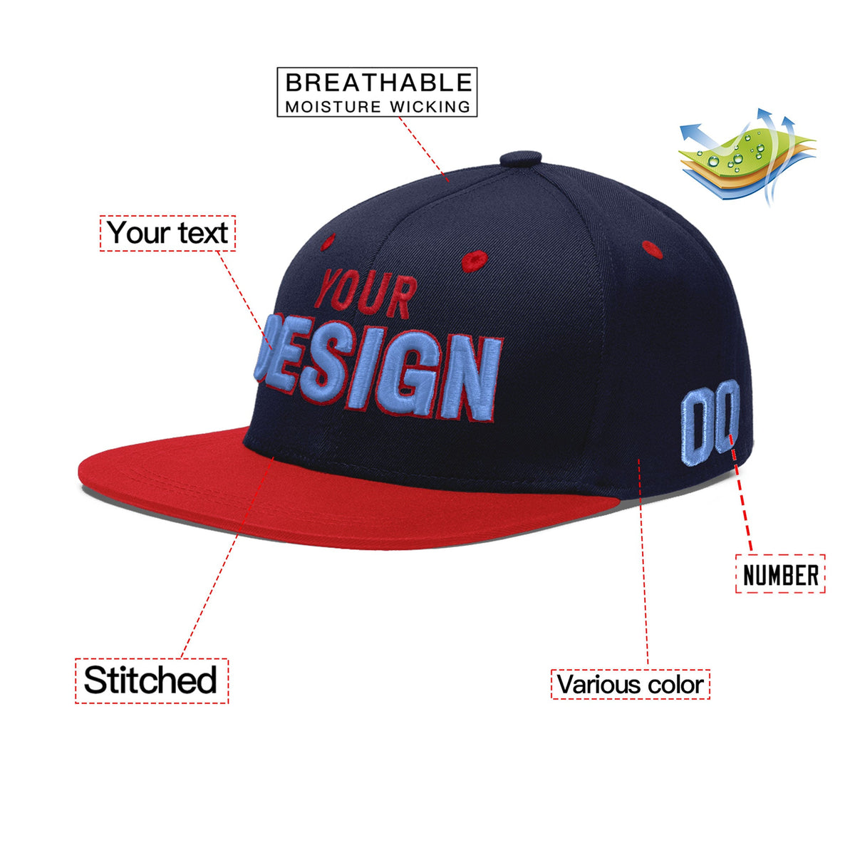 Custom Navy Red 3D Puff Embroidery Flat Embroidery Casual Sport Baseball Cap