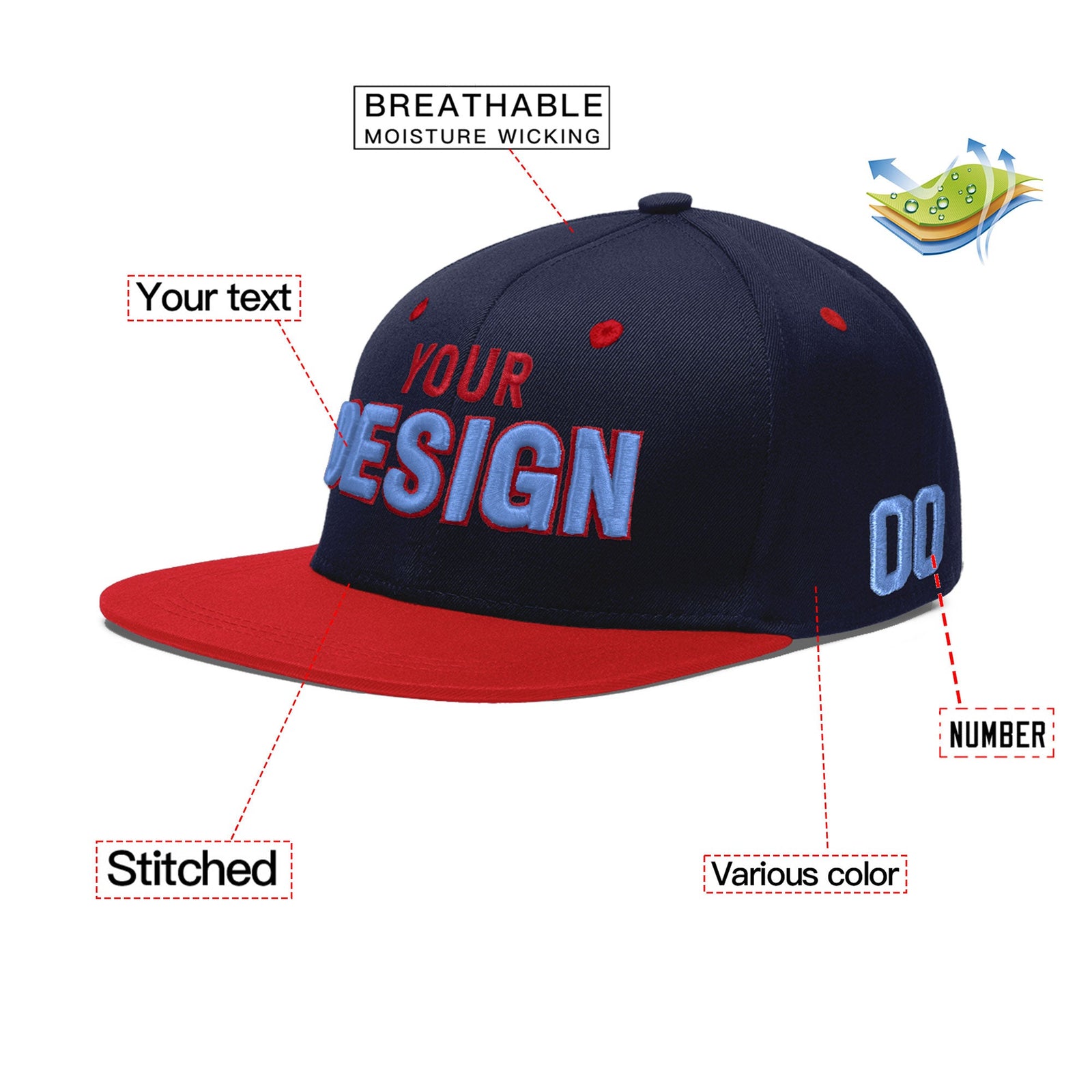 Custom Navy Red 3D Puff Embroidery Flat Embroidery Casual Sport Baseball Cap
