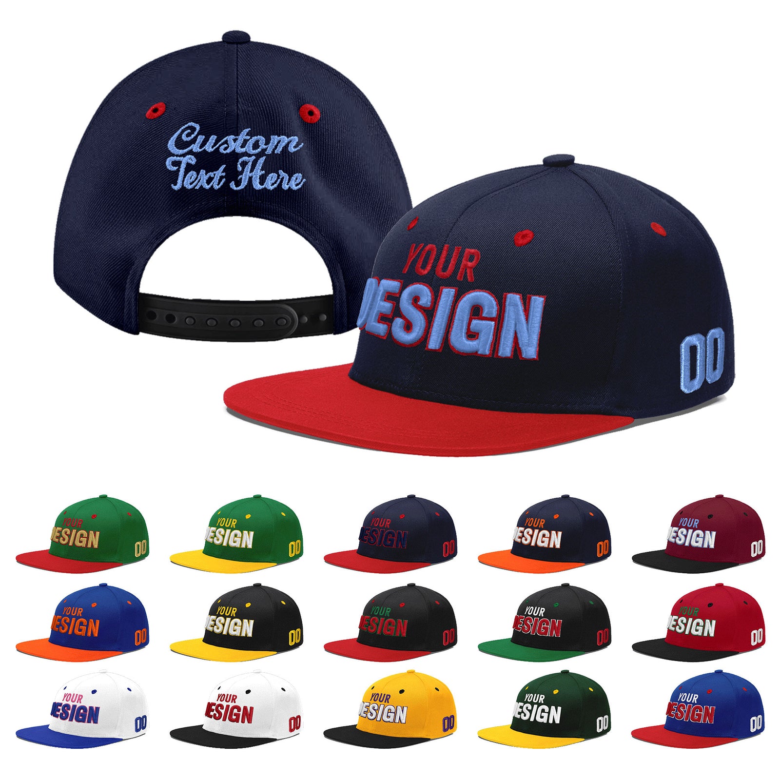 Custom Navy Red 3D Puff Embroidery Flat Embroidery Casual Sport Baseball Cap