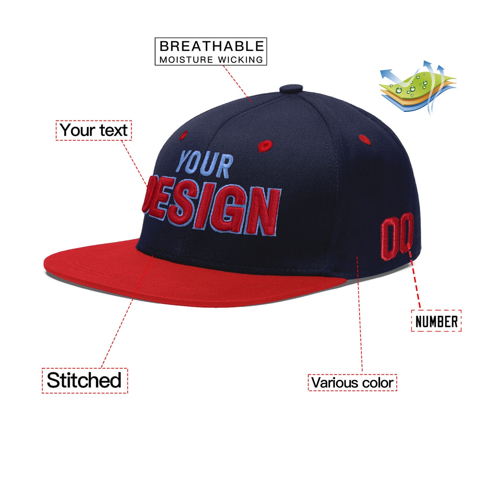 Custom Navy Red 3D Puff Embroidery Flat Embroidery Casual Sport Baseball Cap