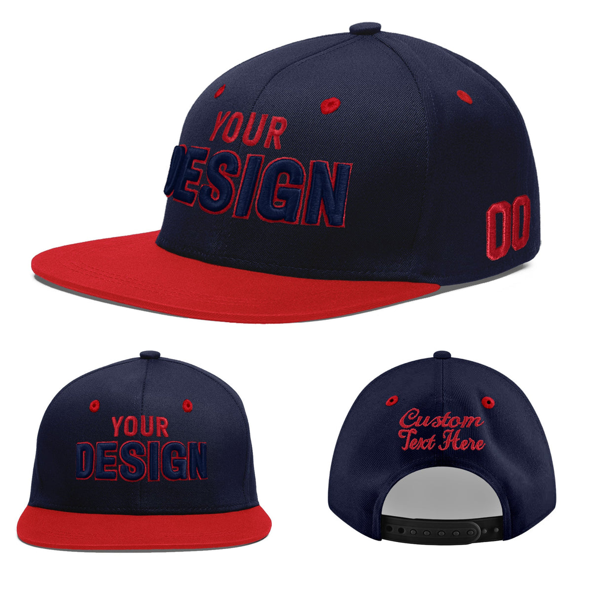Custom Navy Red 3D Puff Embroidery Flat Embroidery Casual Sport Baseball Cap