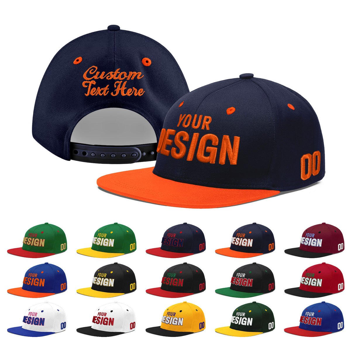 Custom Navy Orange 3D Puff Embroidery Flat Embroidery Casual Sport Baseball Cap