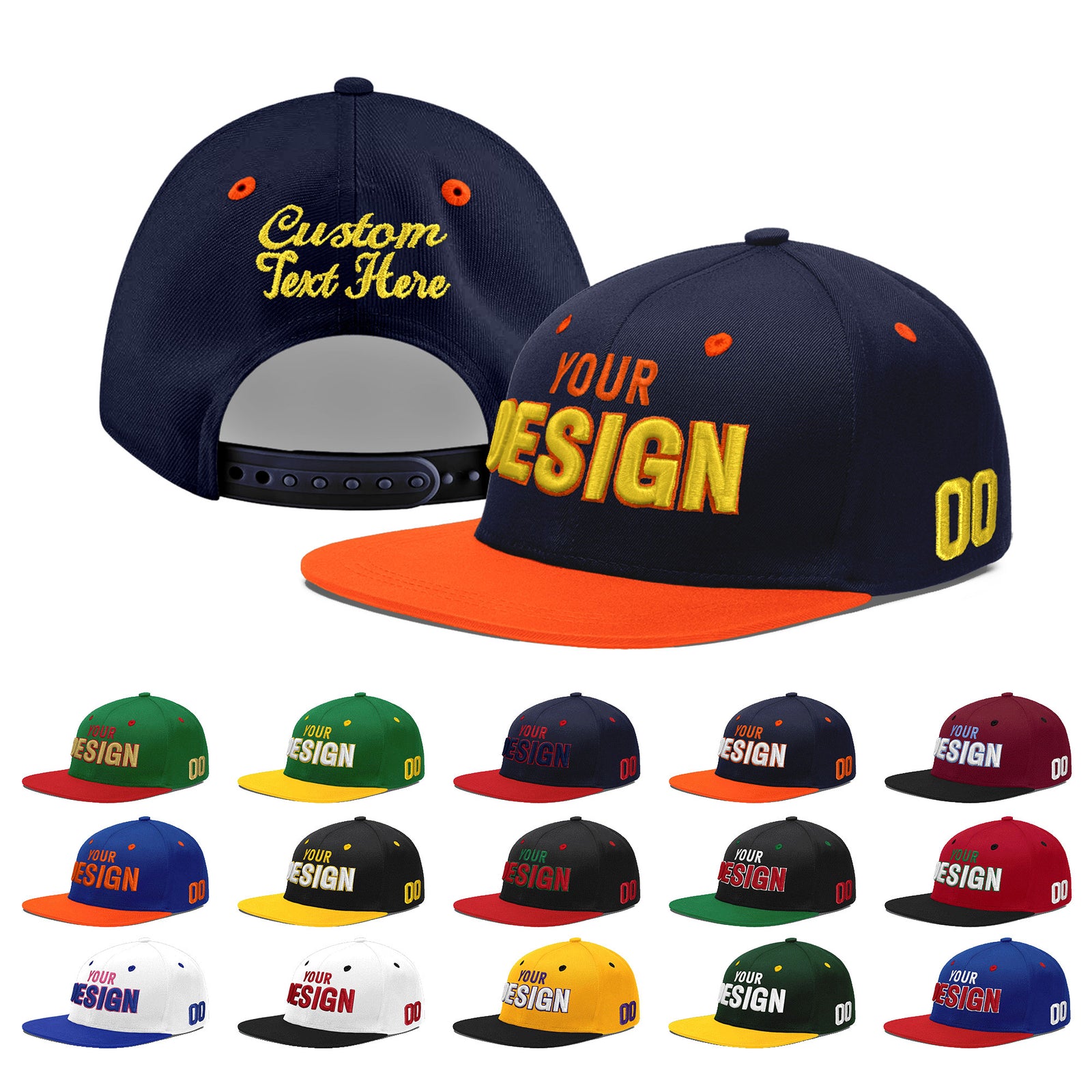 Custom Navy Orange 3D Puff Embroidery Flat Embroidery Casual Sport Baseball Cap