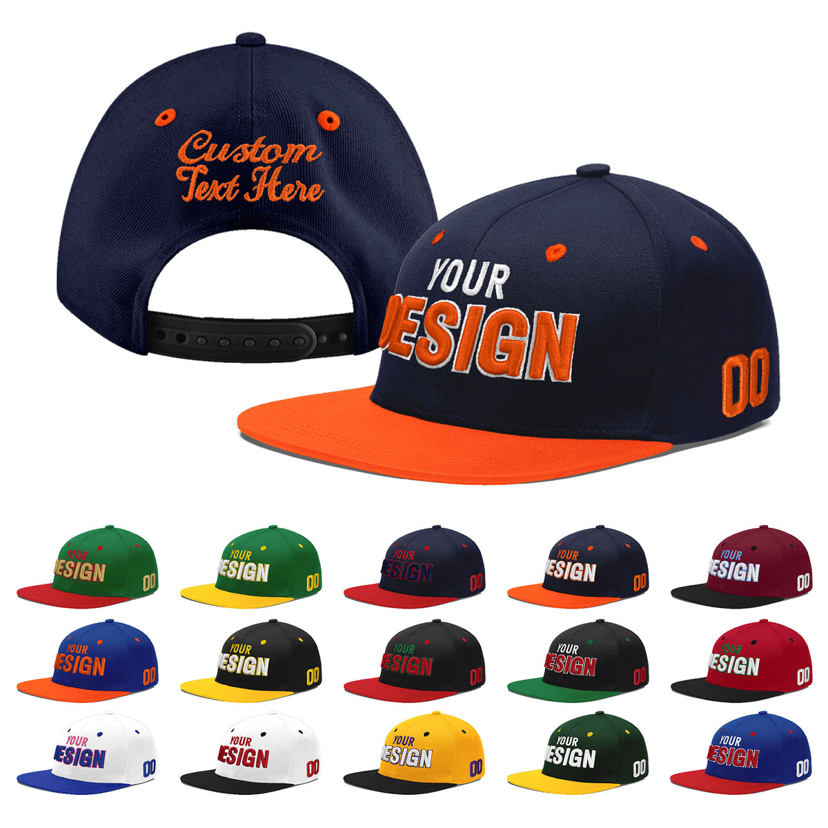 Custom Navy Orange 3D Puff Embroidery Flat Embroidery Casual Sport Baseball Cap