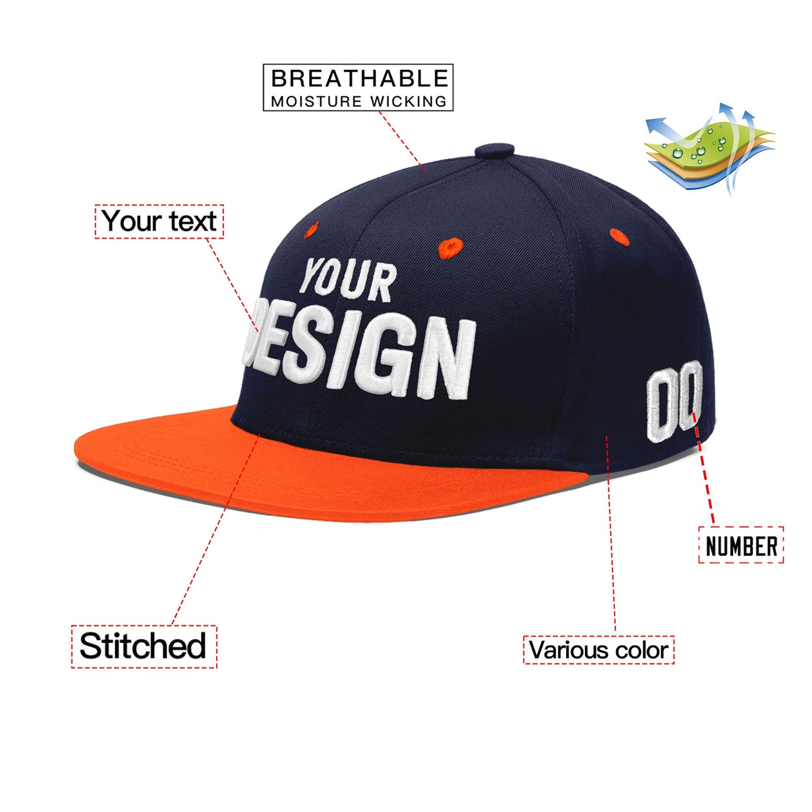 Custom Navy Orange 3D Puff Embroidery Flat Embroidery Casual Sport Baseball Cap