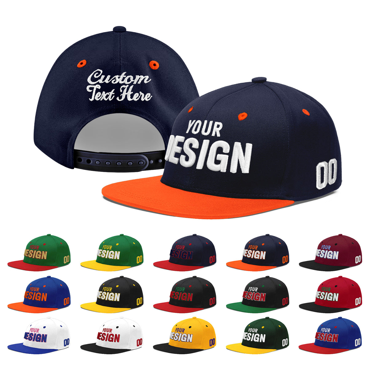 Custom Navy Orange 3D Puff Embroidery Flat Embroidery Casual Sport Baseball Cap