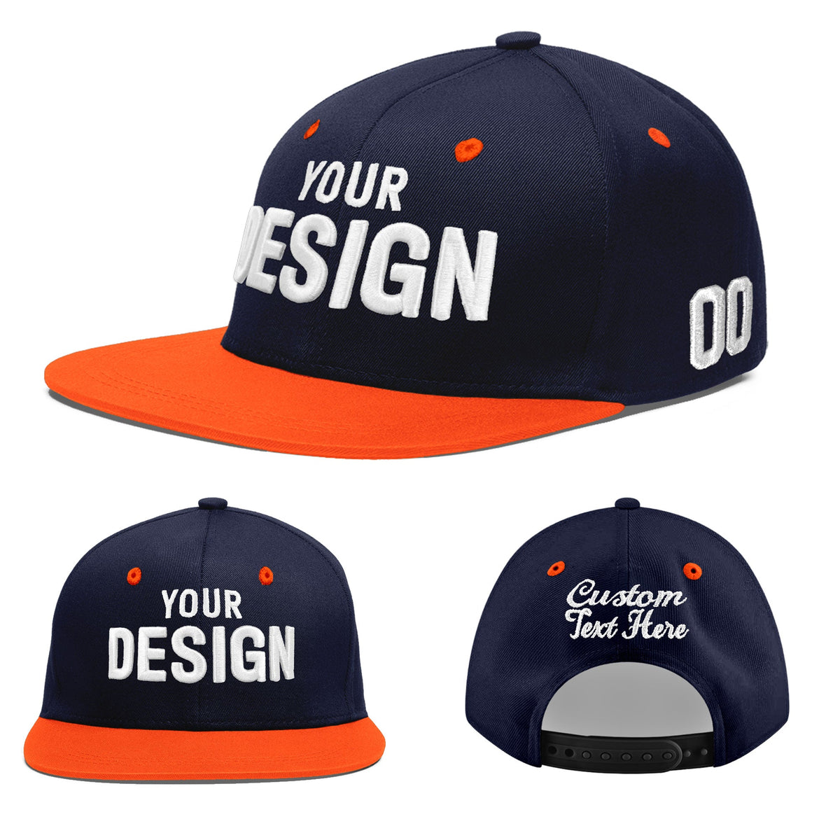 Custom Navy Orange 3D Puff Embroidery Flat Embroidery Casual Sport Baseball Cap