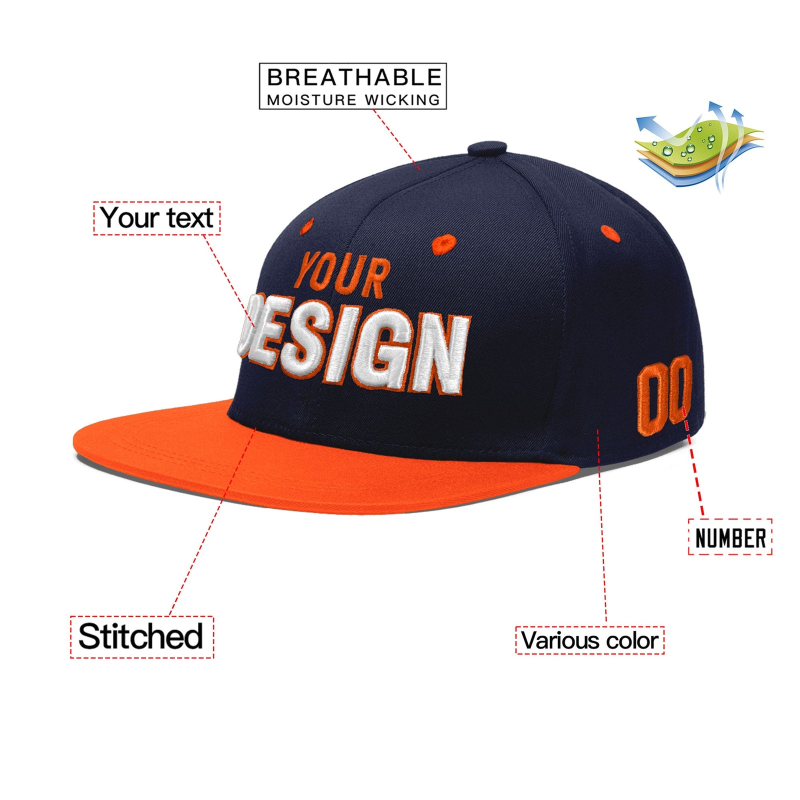 Custom Navy Orange 3D Puff Embroidery Flat Embroidery Casual Sport Baseball Cap