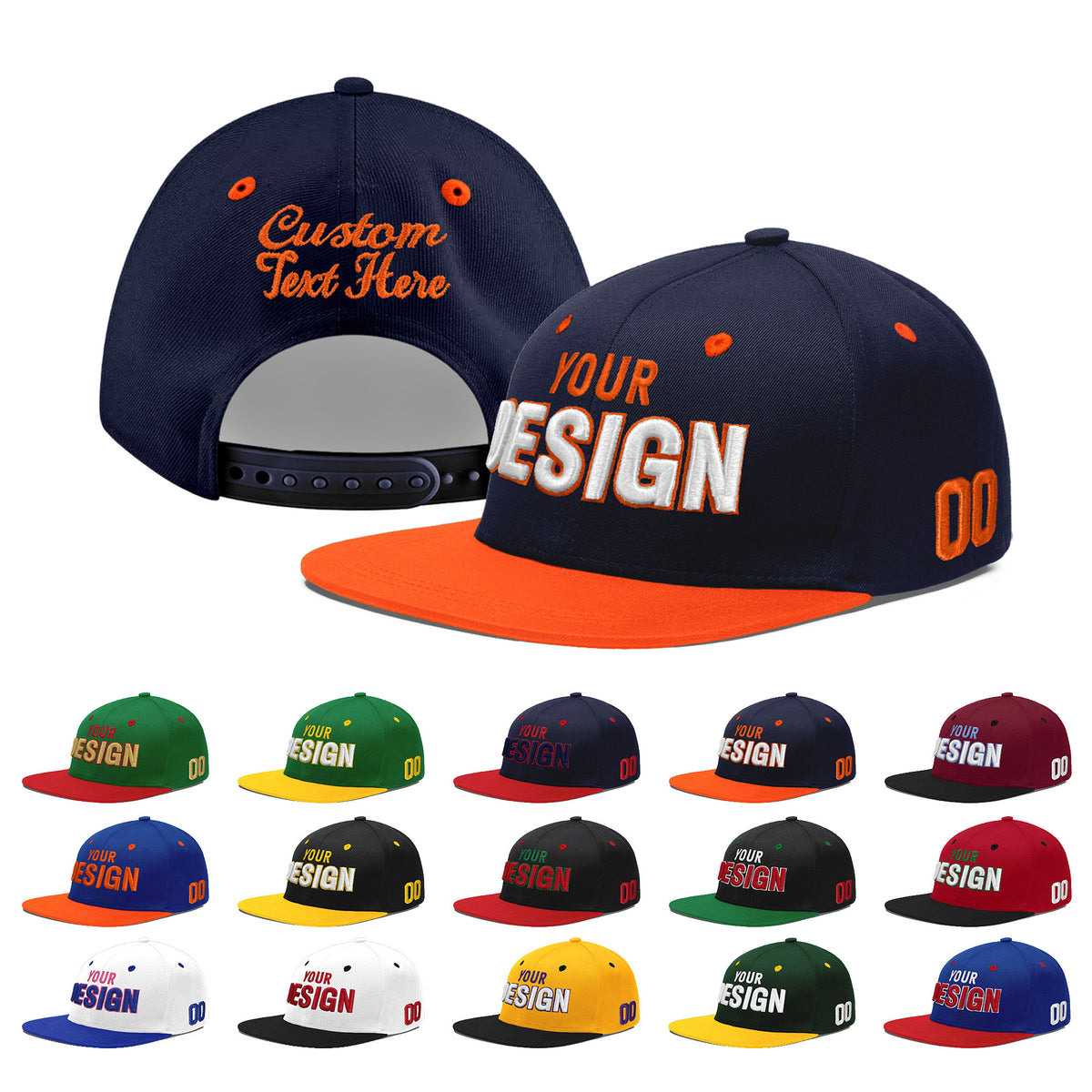Custom Navy Orange 3D Puff Embroidery Flat Embroidery Casual Sport Baseball Cap