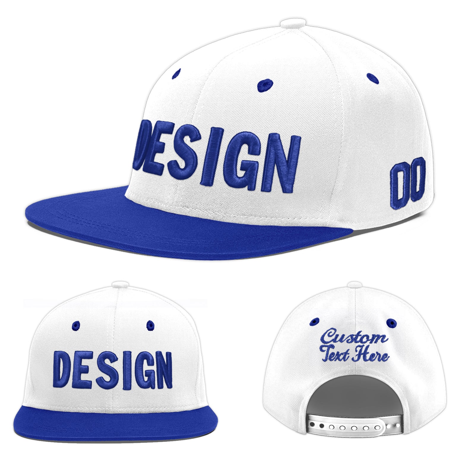 Custom White Royal Blue 3D Puff Embroidery Flat Embroidery Casual Sport Baseball Cap