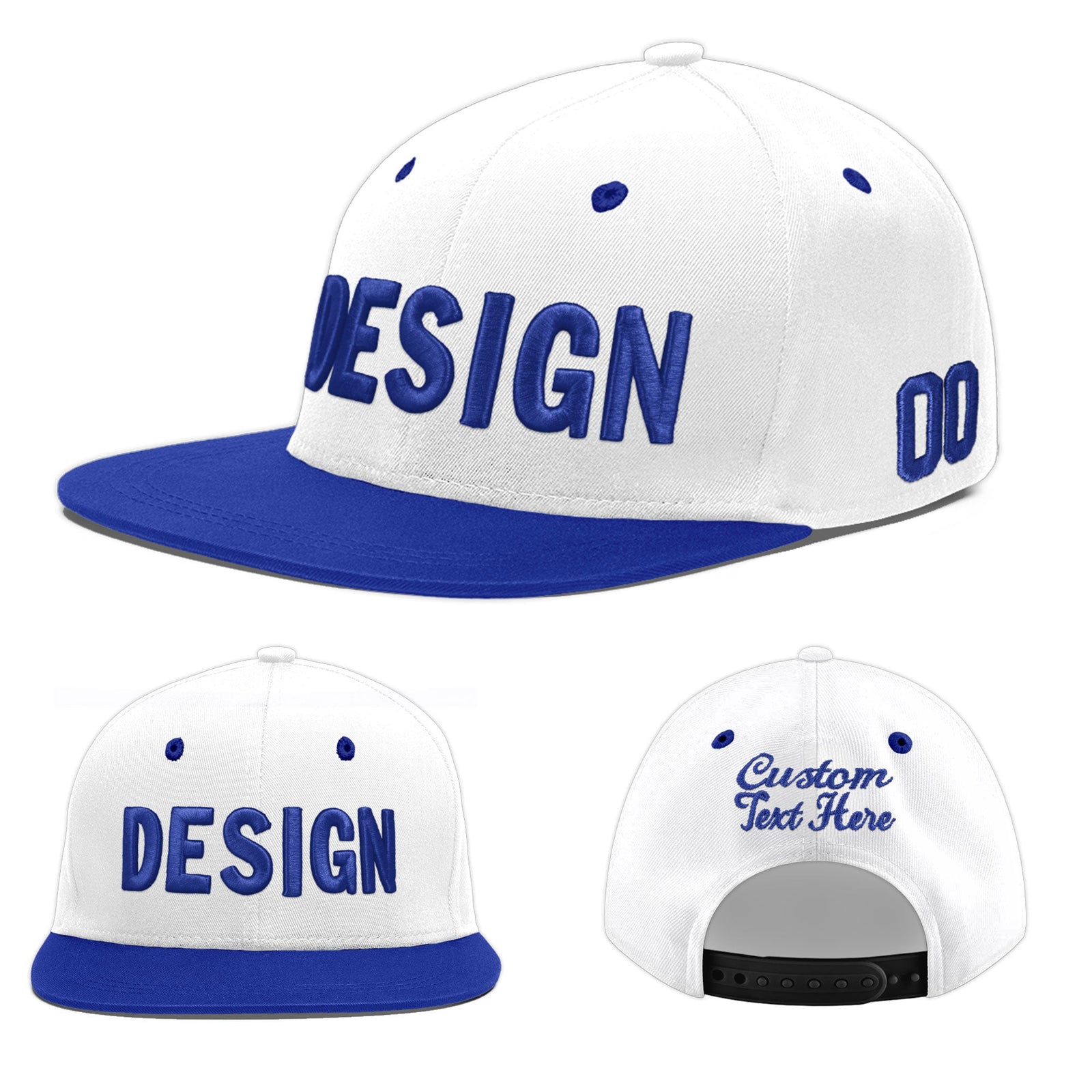Custom White Royal Blue 3D Puff Embroidery Flat Embroidery Casual Sport Baseball Cap