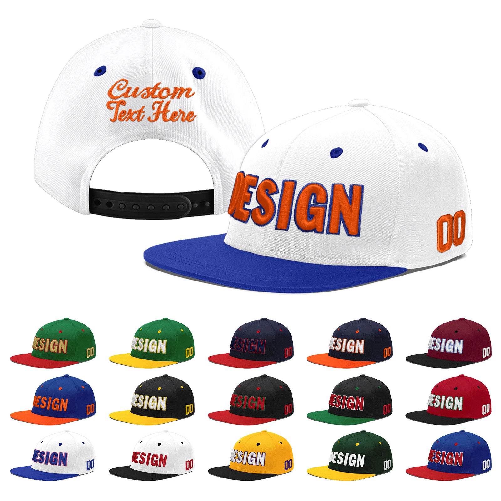 Custom White Royal Blue 3D Puff Embroidery Flat Embroidery Casual Sport Baseball Cap