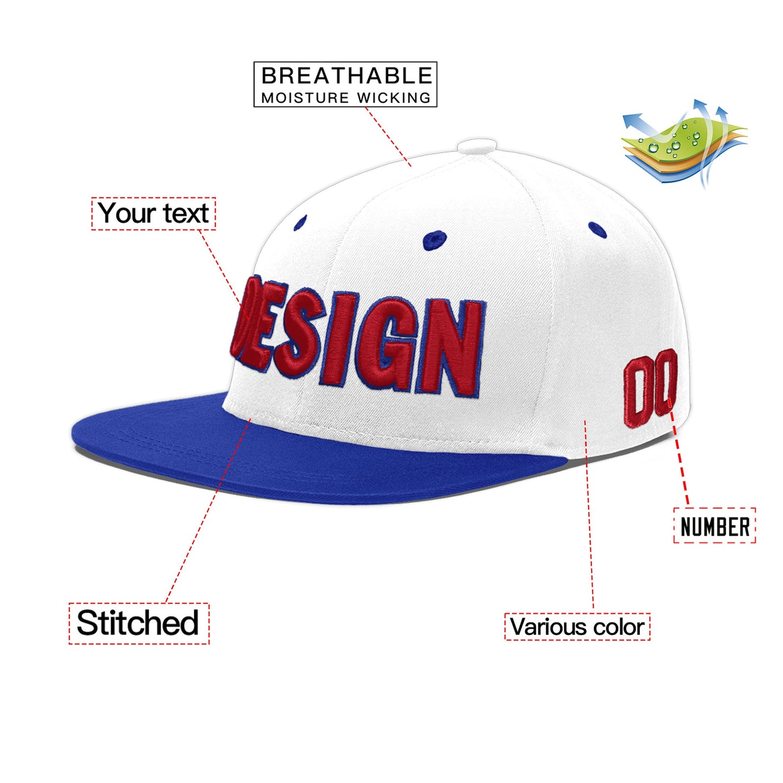 Custom White Royal Blue 3D Puff Embroidery Flat Embroidery Casual Sport Baseball Cap