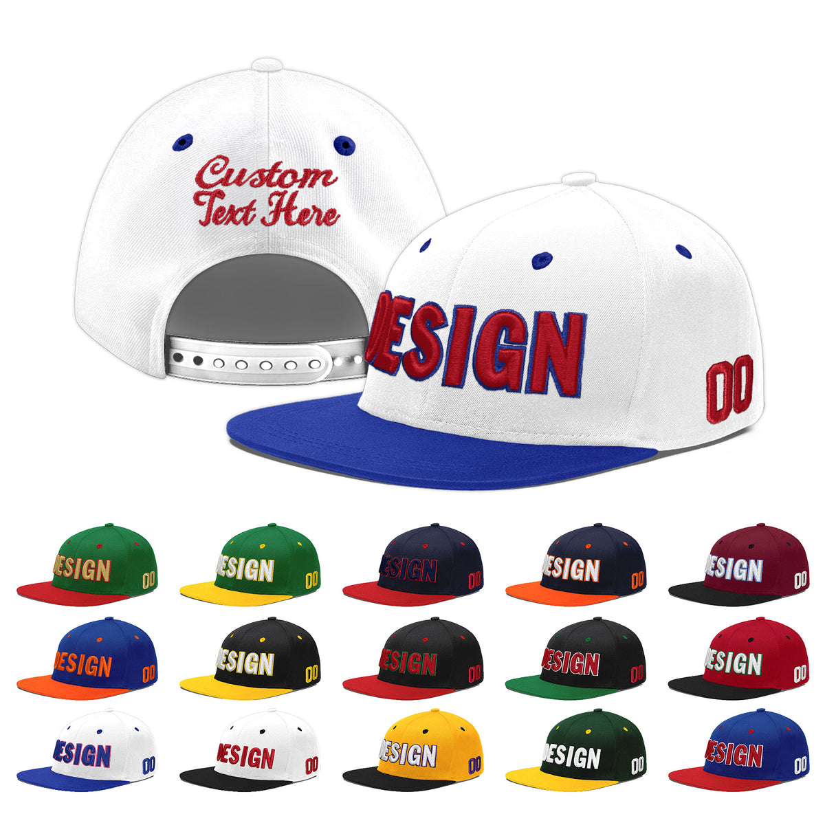 Custom White Royal Blue 3D Puff Embroidery Flat Embroidery Casual Sport Baseball Cap